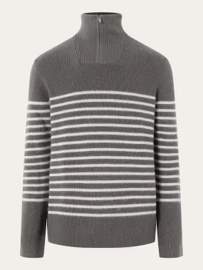 1/2 neck zip merino wool rib knit - Grey stripe