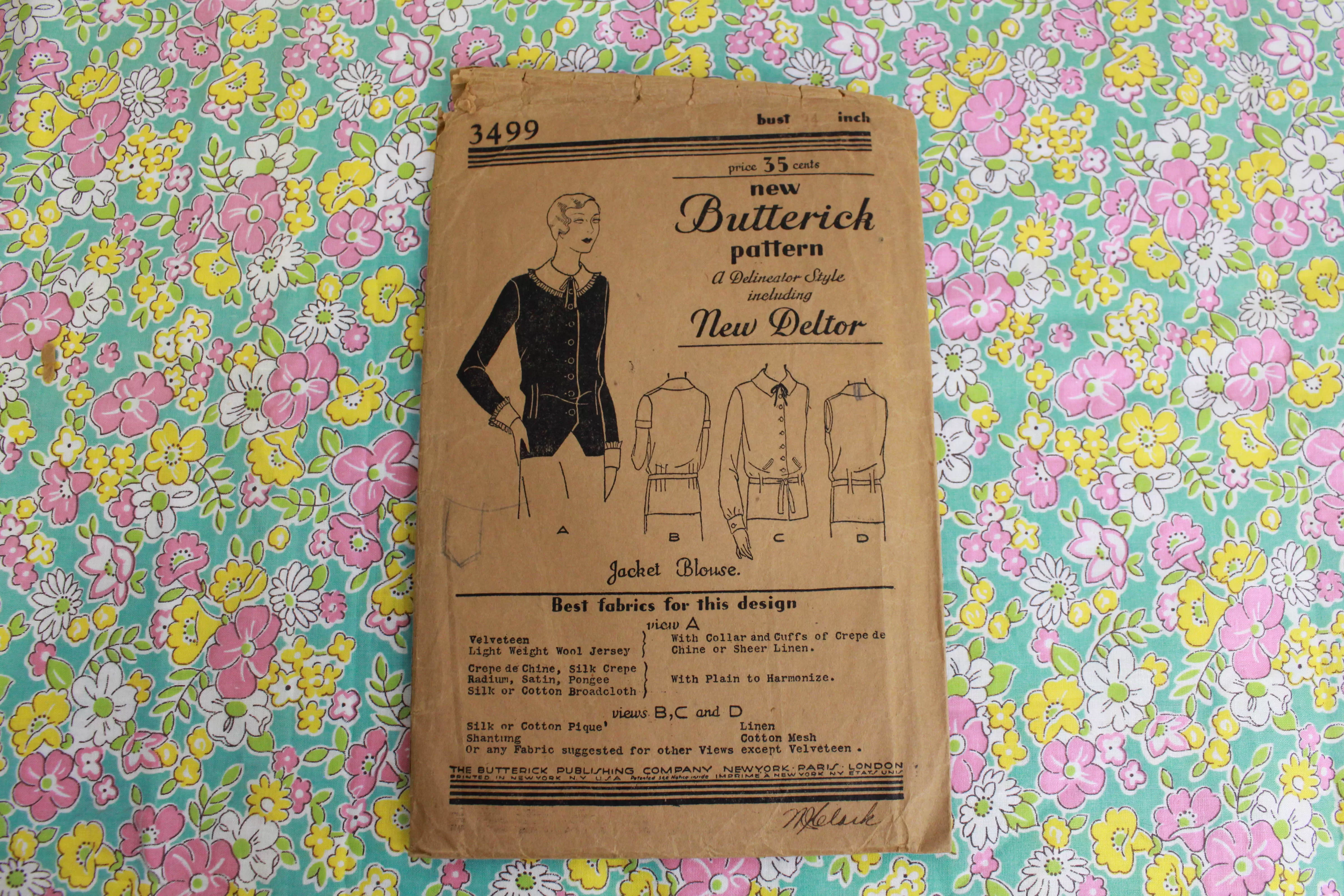 1920s Jacket Blouse Sewing Pattern Butterick 3499, Long or Short Sleeve, Bust 34