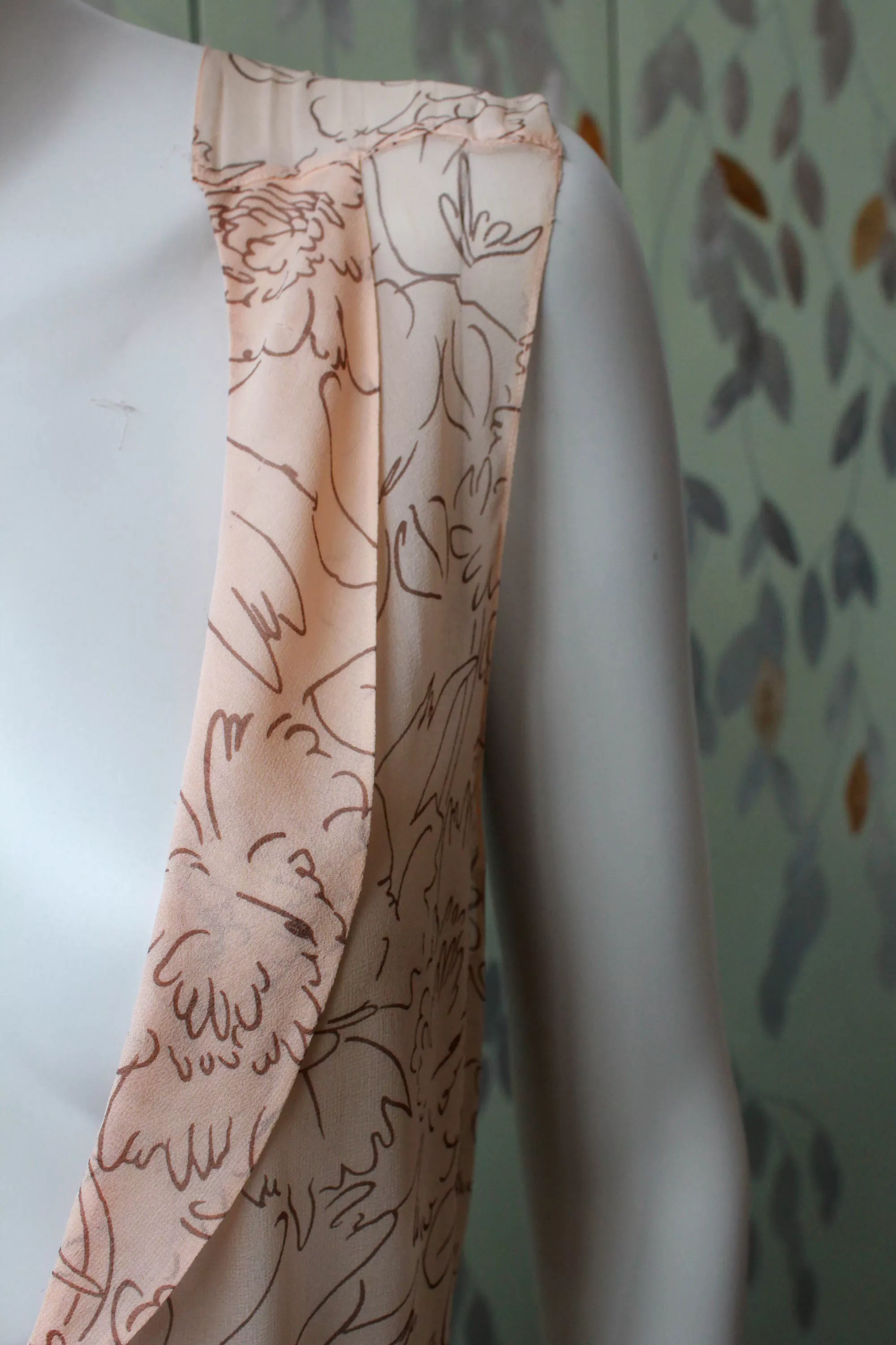 1920s Pale Sheer Pink Printed Silk Dress, Medium