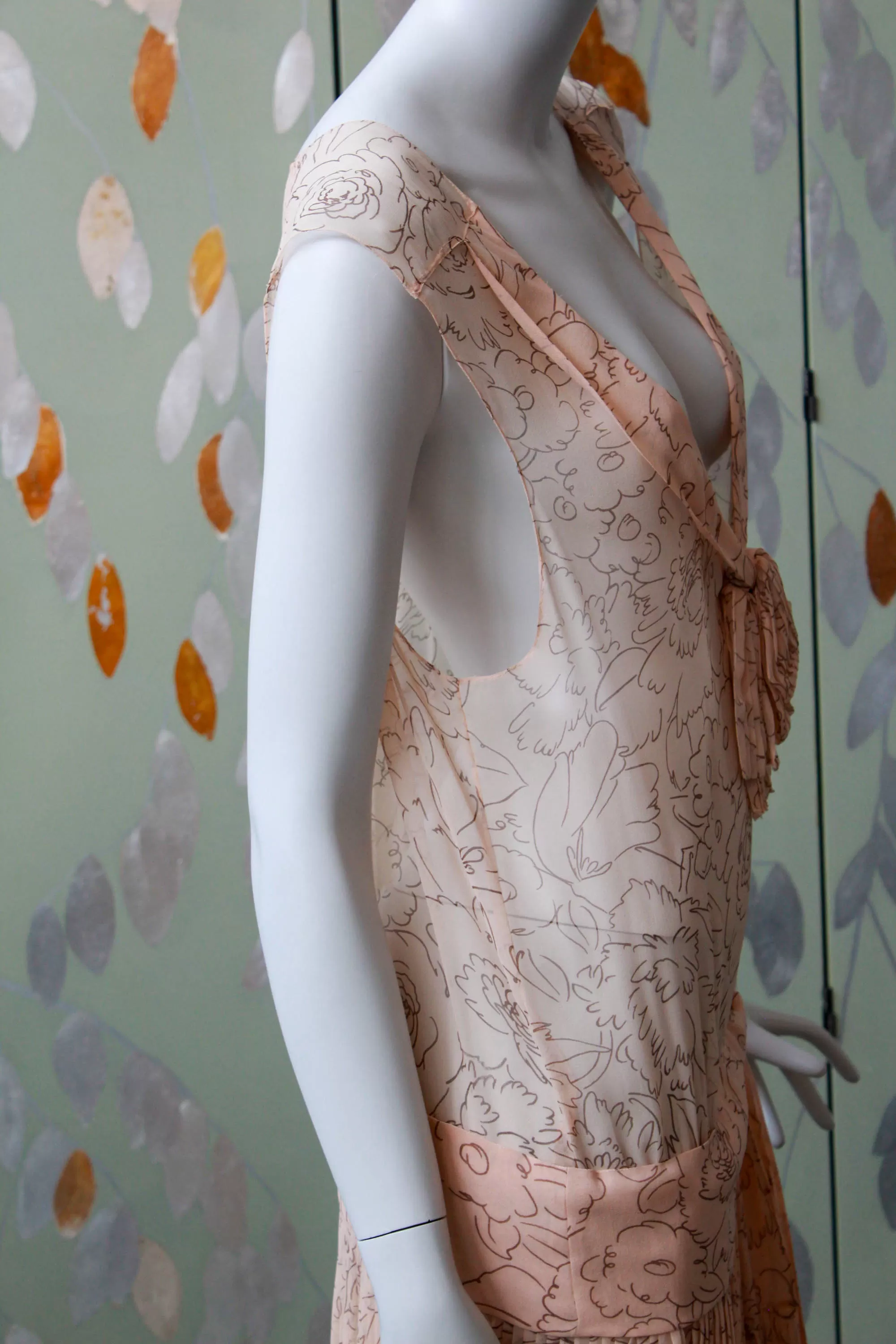 1920s Pale Sheer Pink Printed Silk Dress, Medium