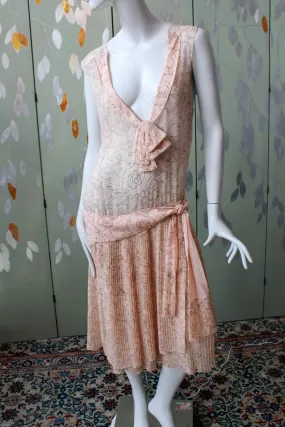 1920s Pale Sheer Pink Printed Silk Dress, Medium