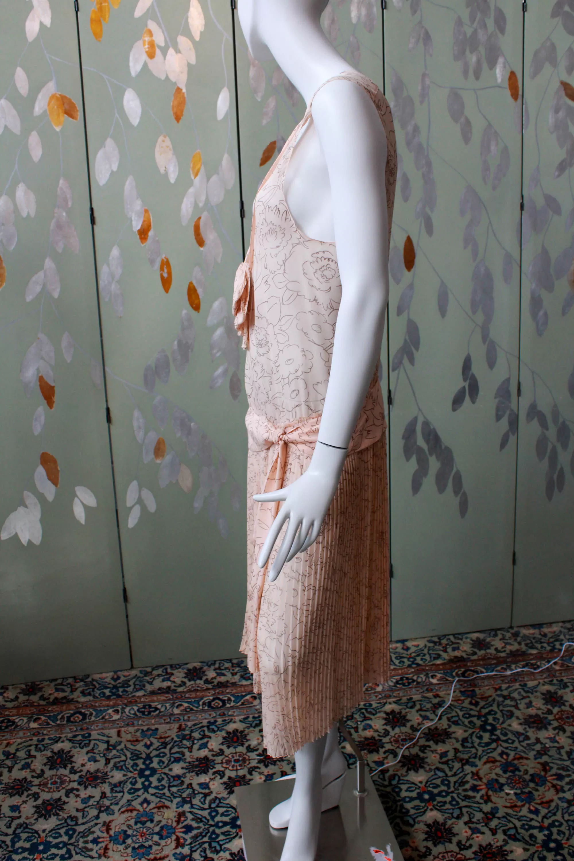 1920s Pale Sheer Pink Printed Silk Dress, Medium