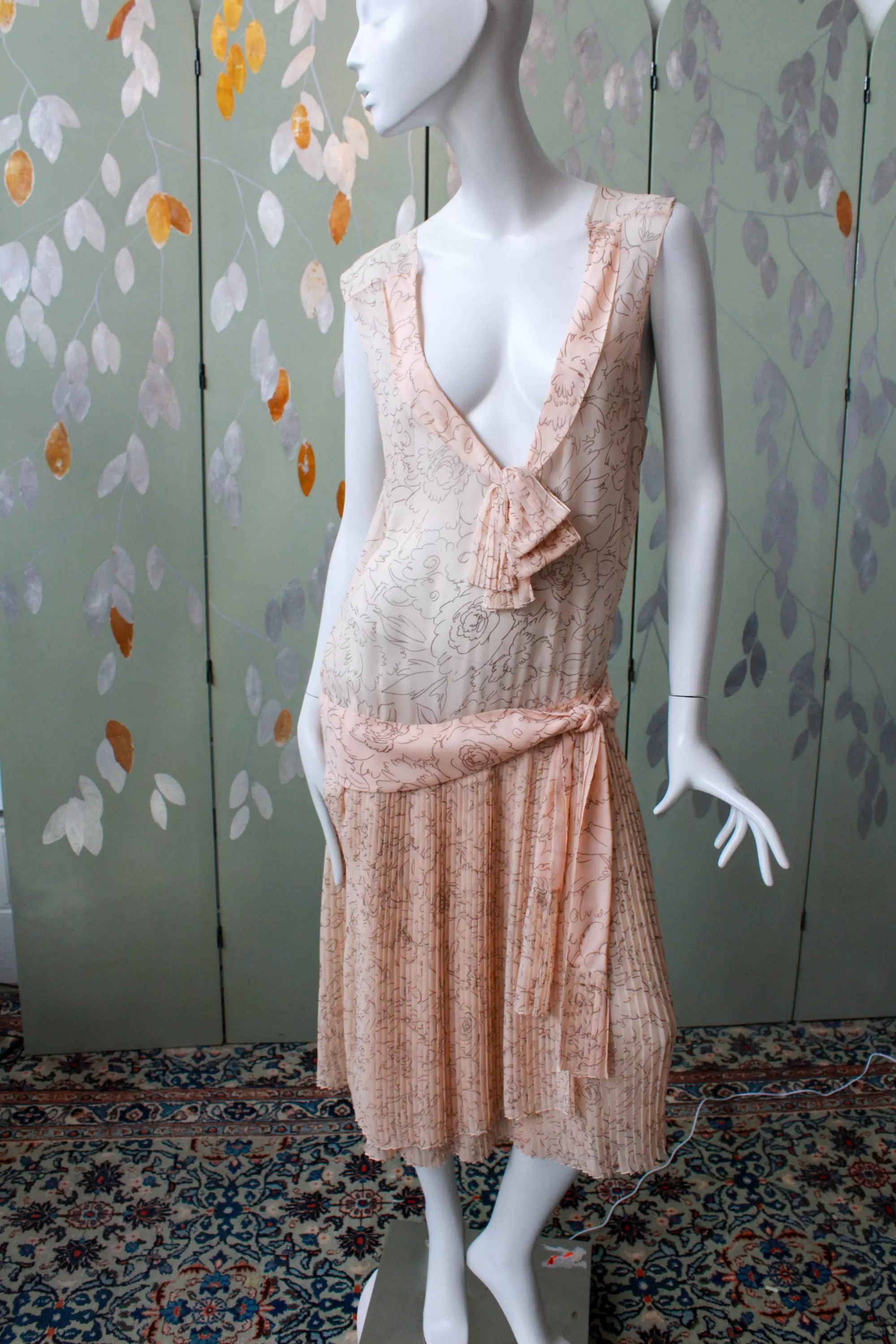 1920s Pale Sheer Pink Printed Silk Dress, Medium