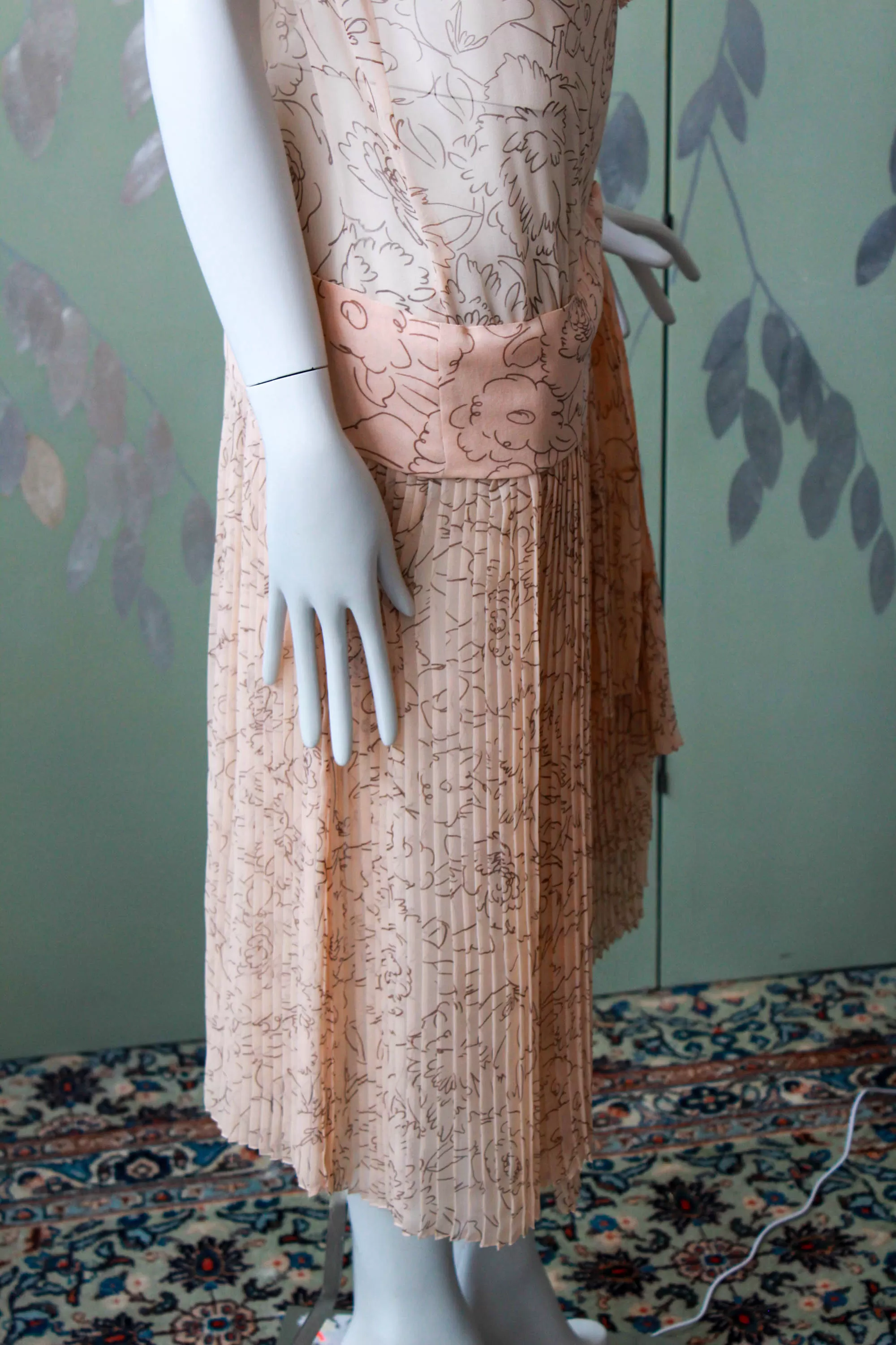 1920s Pale Sheer Pink Printed Silk Dress, Medium