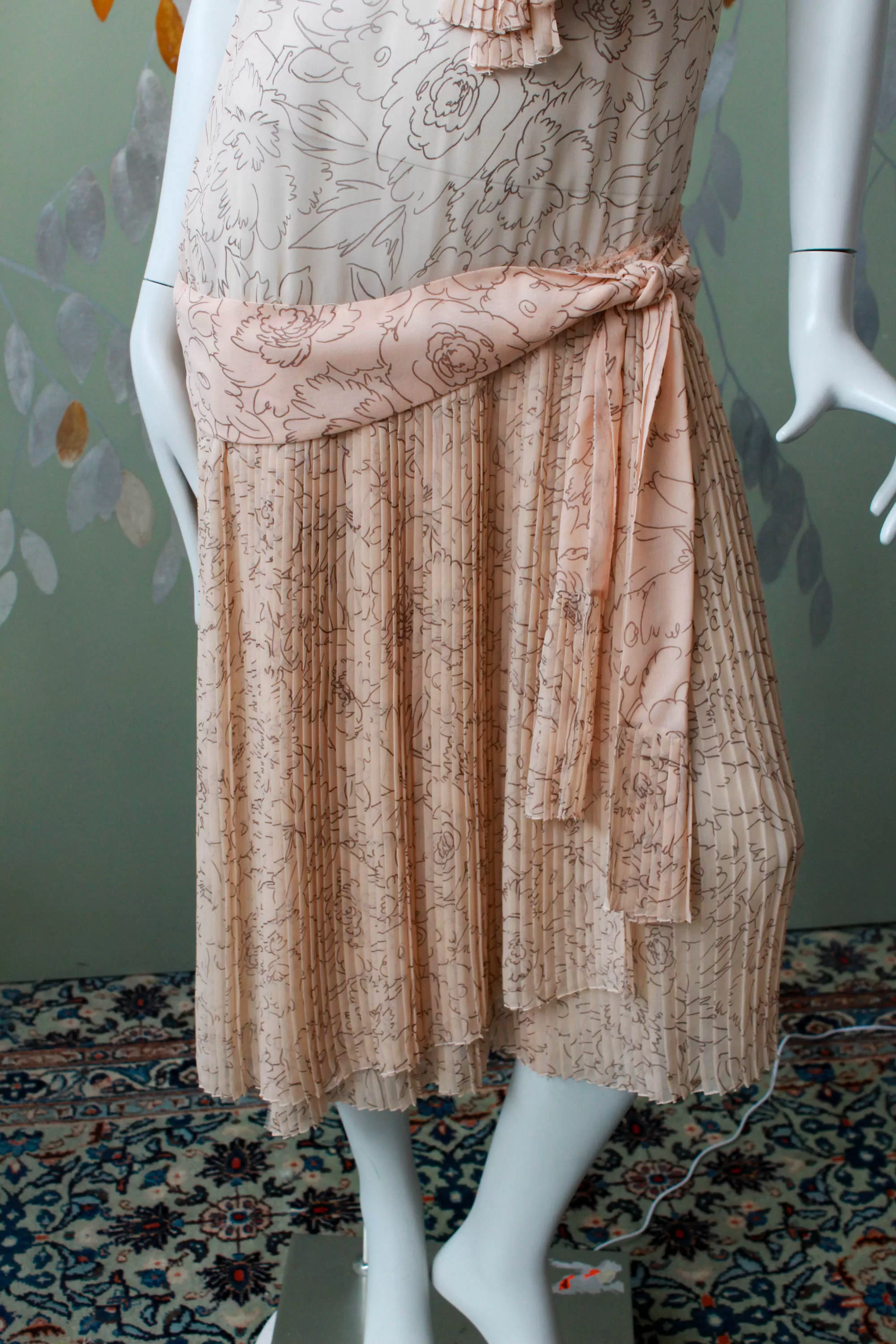 1920s Pale Sheer Pink Printed Silk Dress, Medium