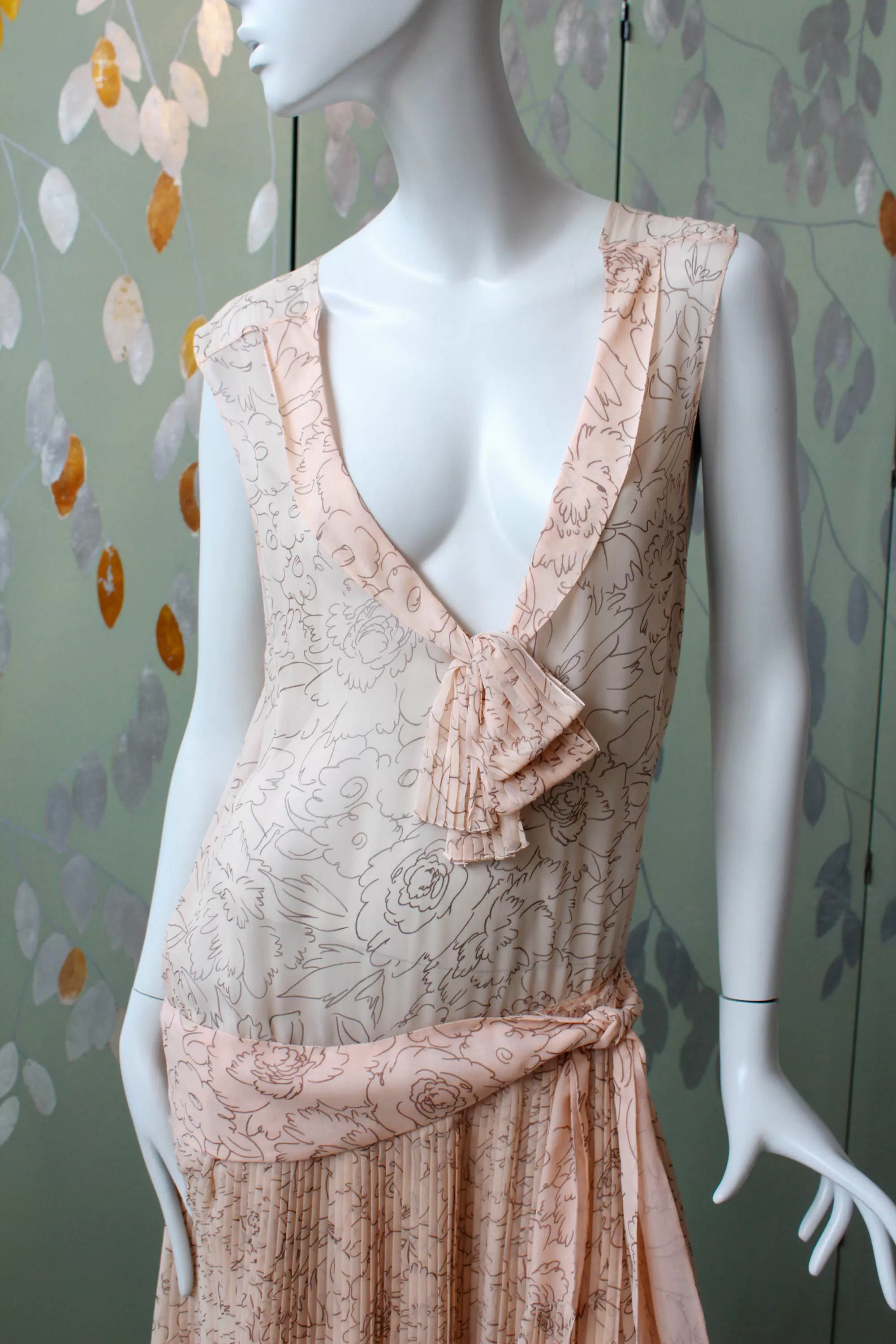 1920s Pale Sheer Pink Printed Silk Dress, Medium