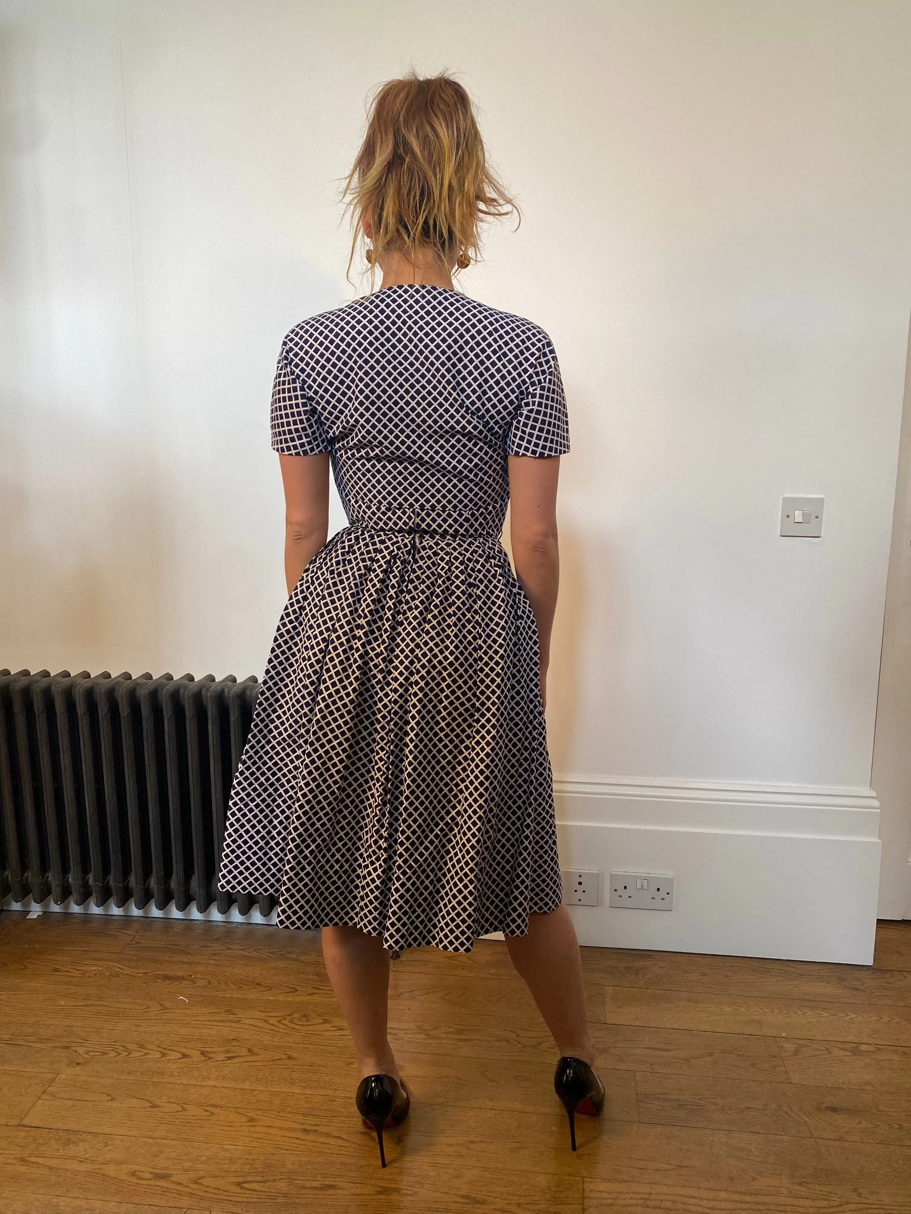 1950s Navy and White Diamond Print Strapless Sundress and Bolero