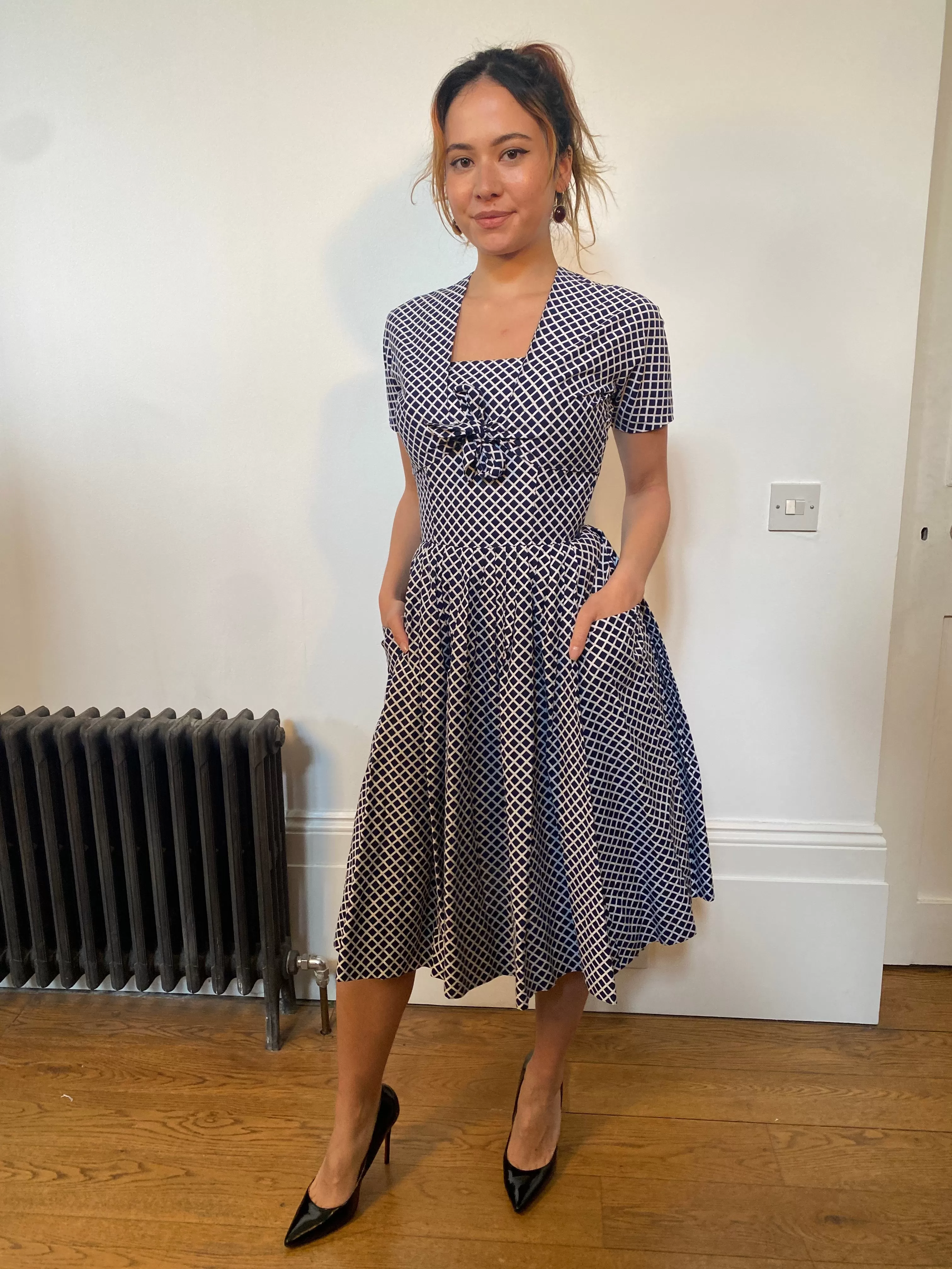 1950s Navy and White Diamond Print Strapless Sundress and Bolero