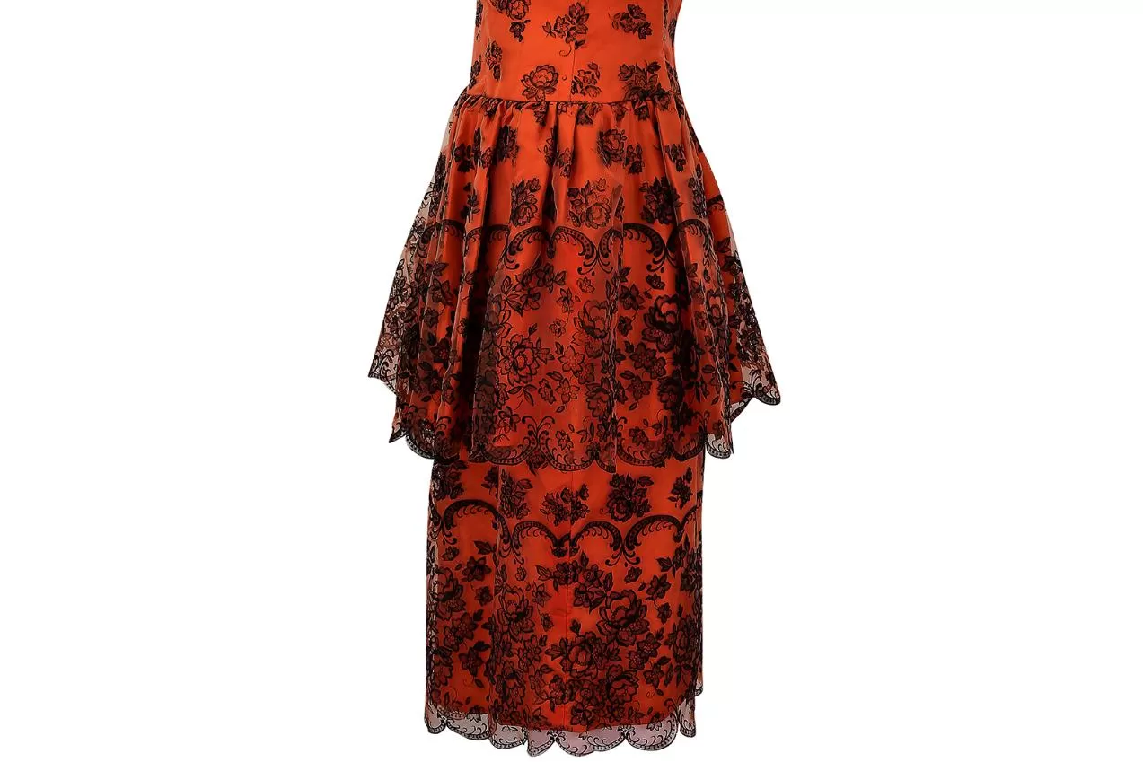 1960s Diana Floral Black and Orange Flock Print Dress