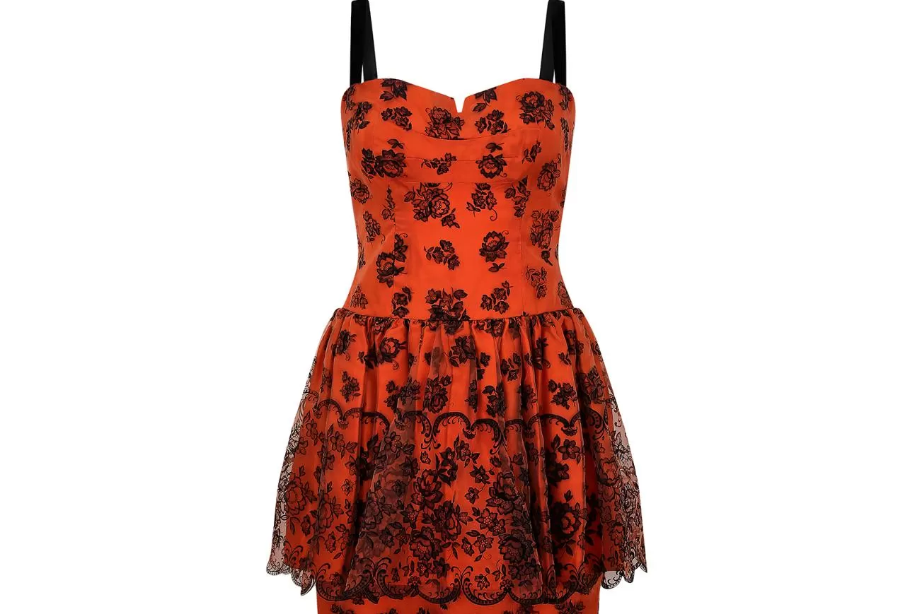 1960s Diana Floral Black and Orange Flock Print Dress