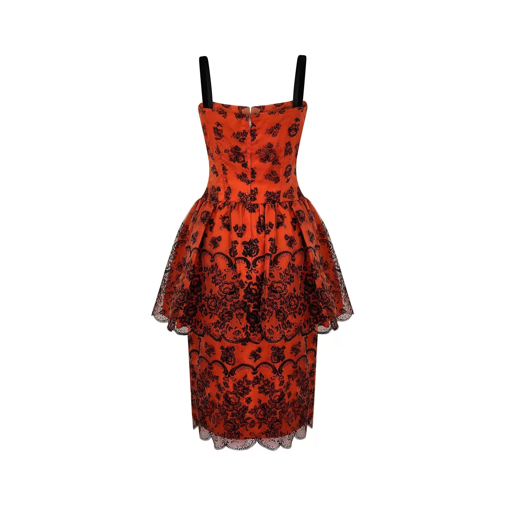 1960s Diana Floral Black and Orange Flock Print Dress