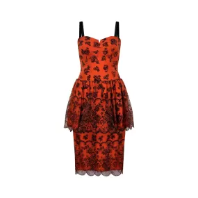 1960s Diana Floral Black and Orange Flock Print Dress