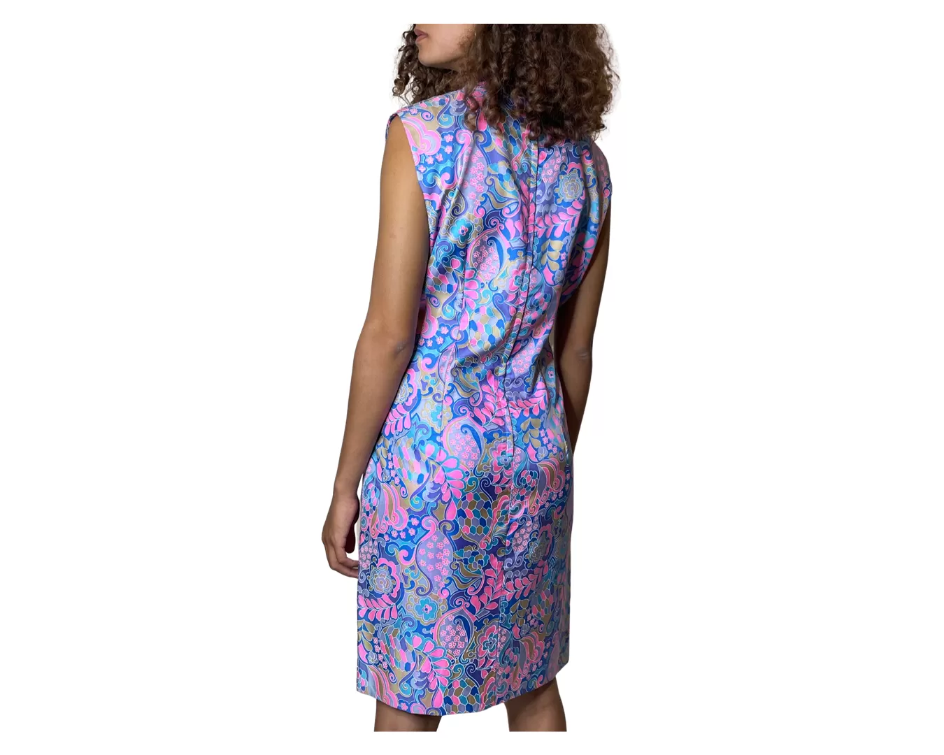 1960's Original Vintage Pure Silk Paisley Blue & Pink Pure Silk Dress UK 12 - 14