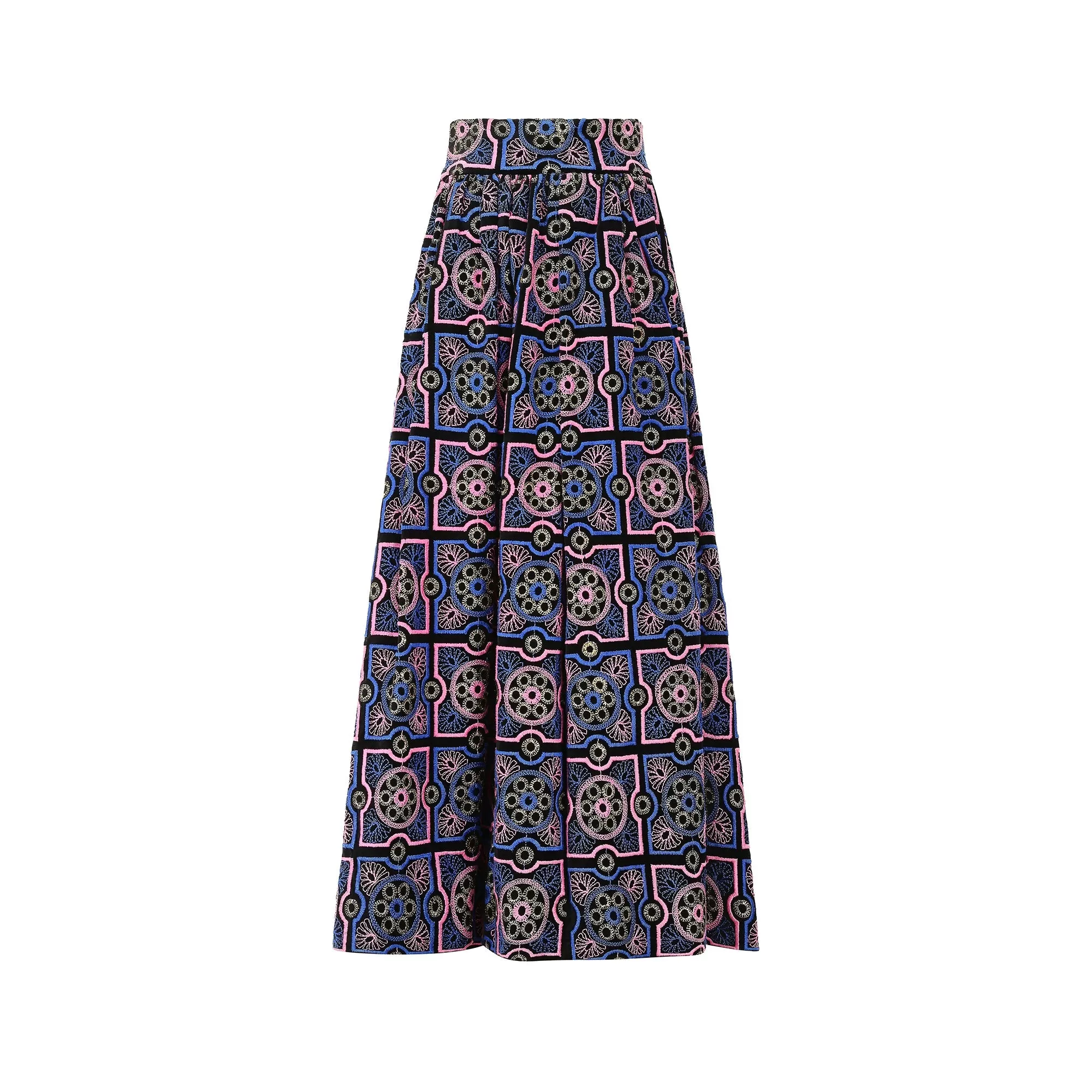 1970s Adolfo Blue and Pink Embroidered Velvet Maxi Skirt