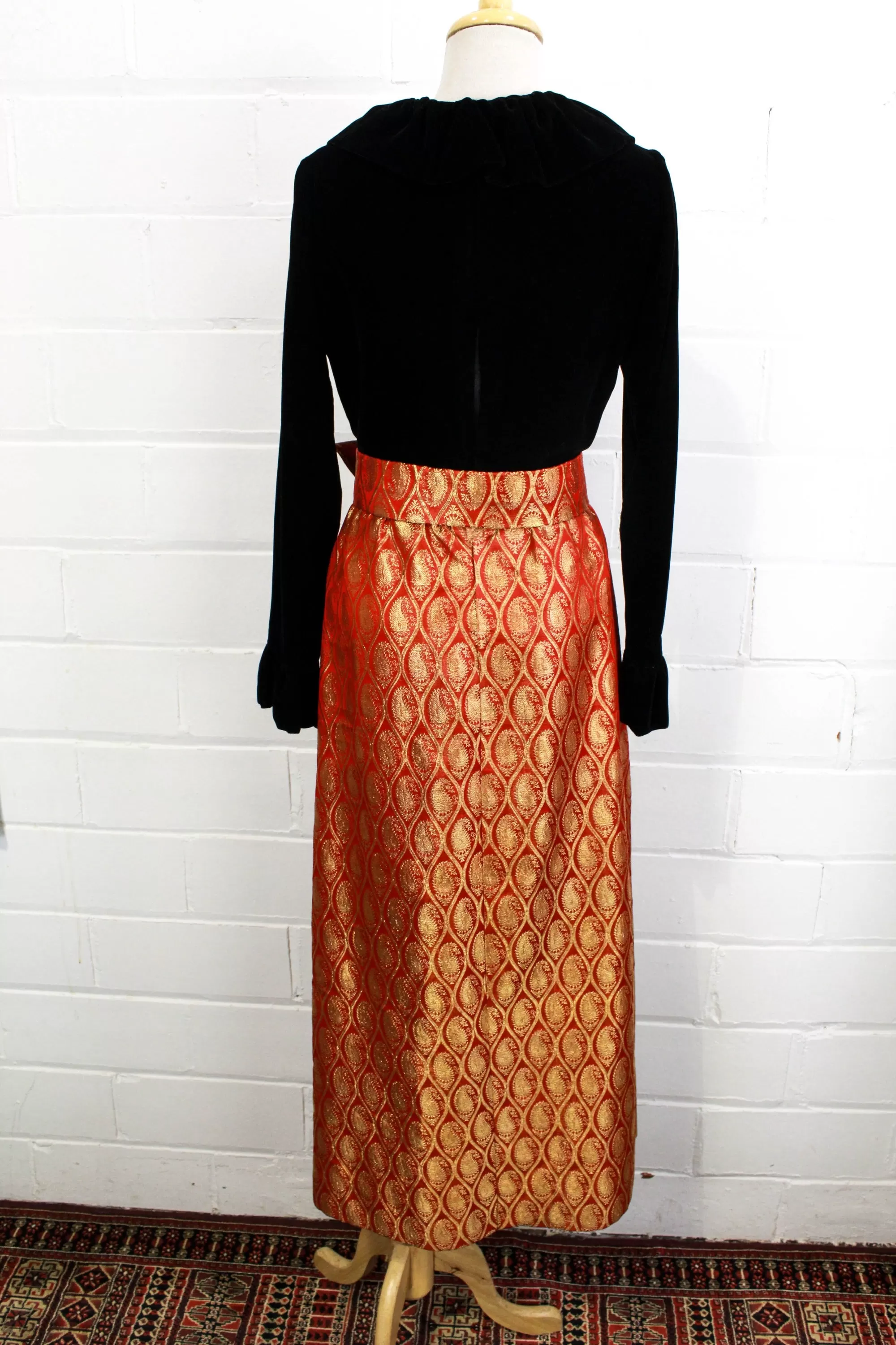 1970s Maxi Dress, Black Velvet with a Red/Gold Metallic Skirt, Medium