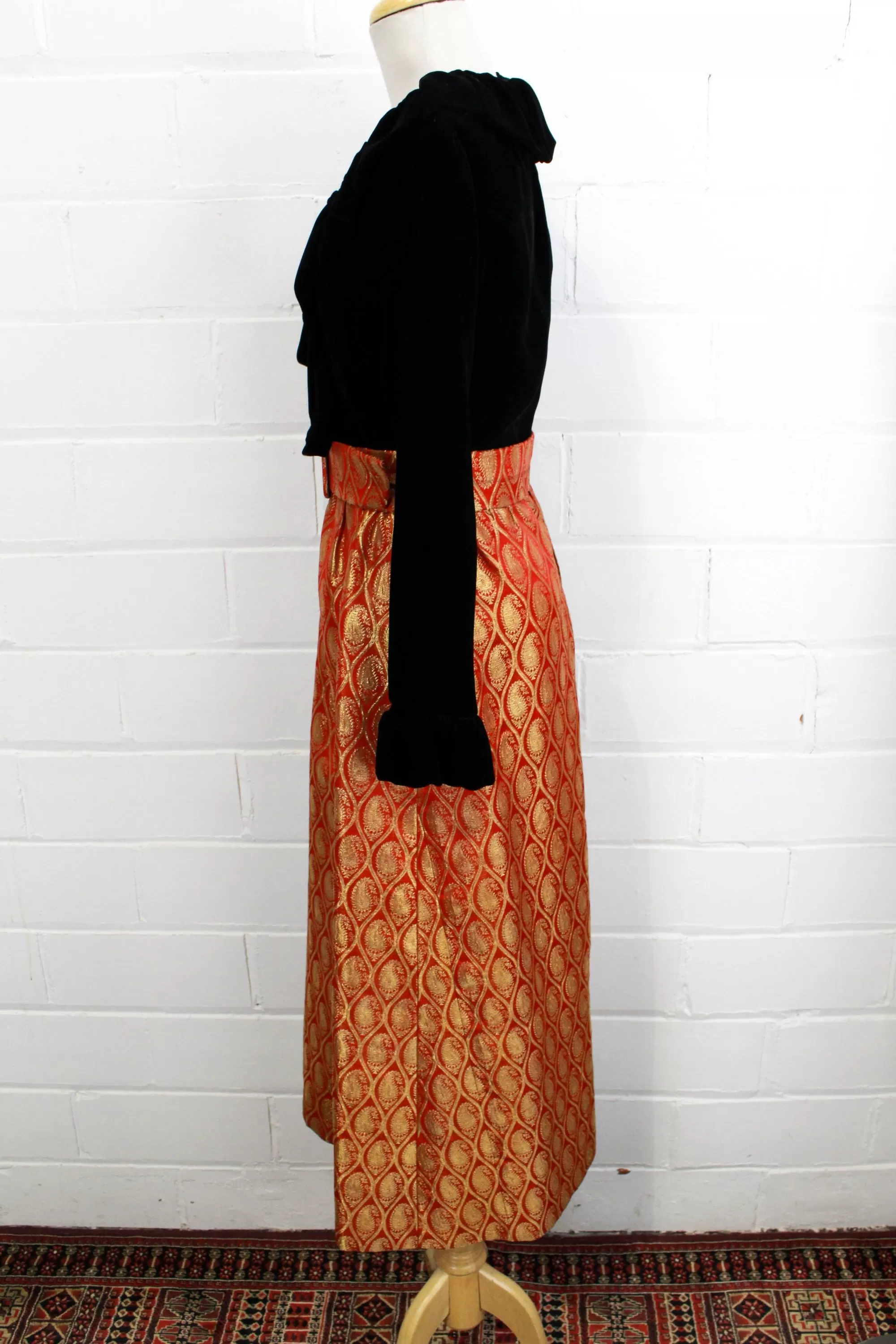 1970s Maxi Dress, Black Velvet with a Red/Gold Metallic Skirt, Medium