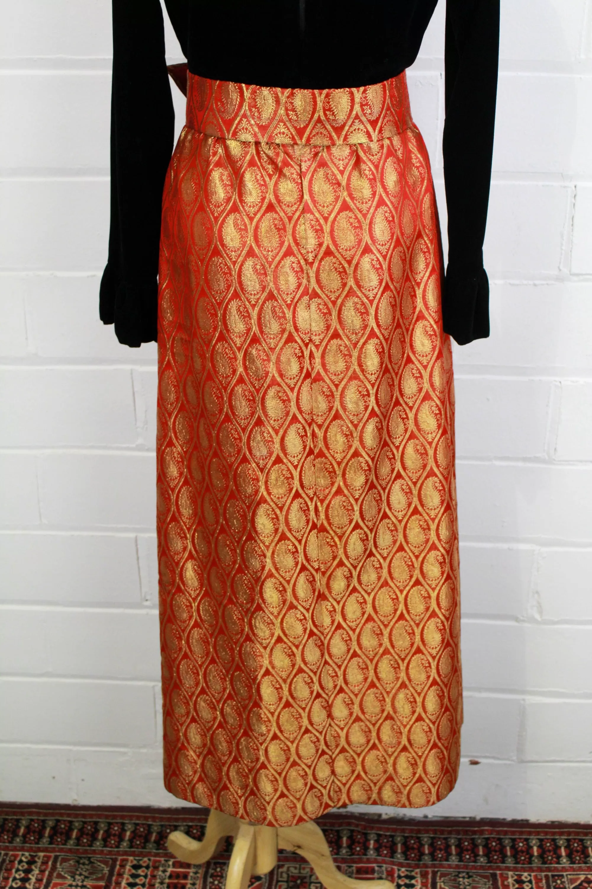 1970s Maxi Dress, Black Velvet with a Red/Gold Metallic Skirt, Medium