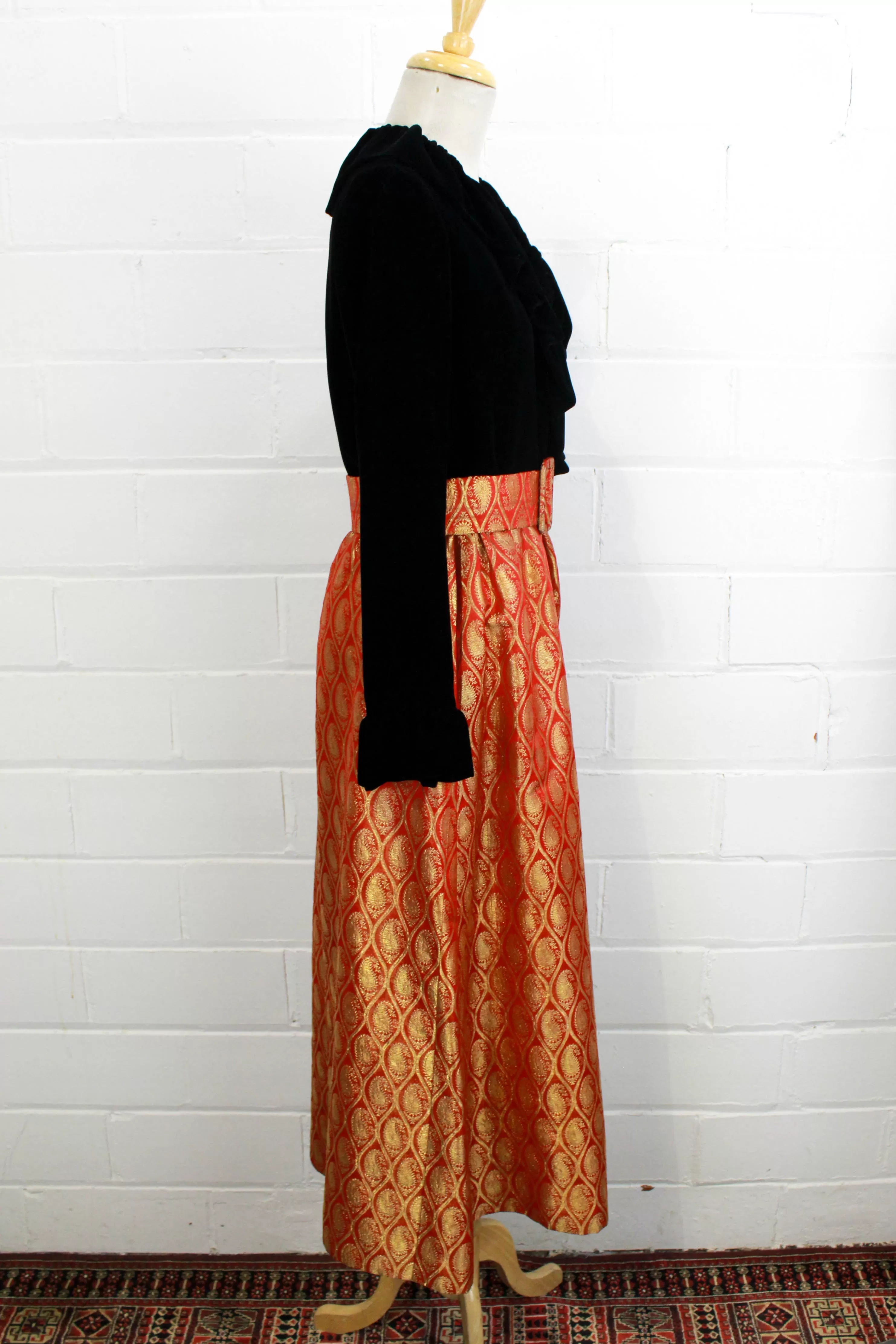 1970s Maxi Dress, Black Velvet with a Red/Gold Metallic Skirt, Medium