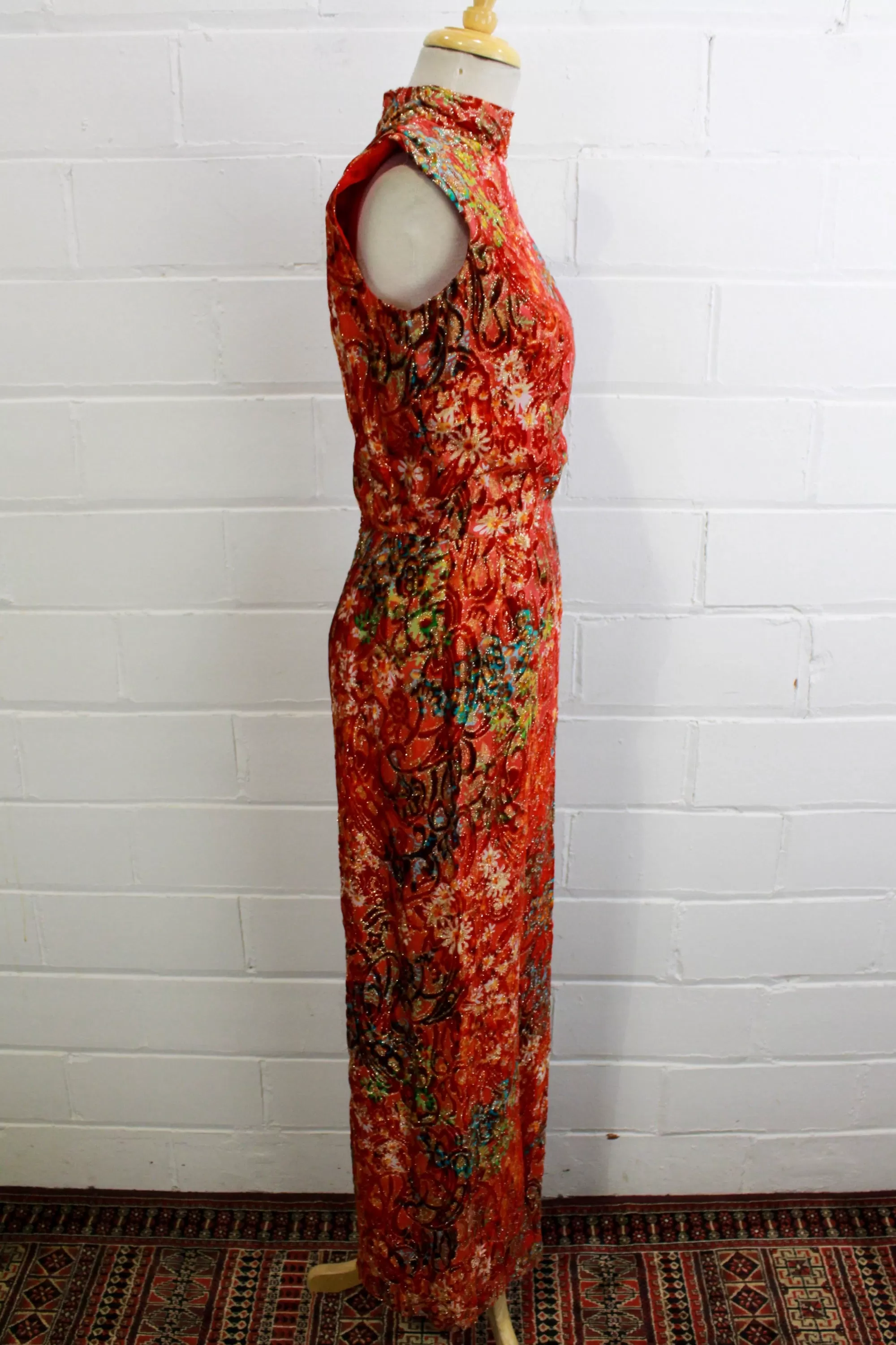 1970s Red Velvet Floral Maxi Dress, Small