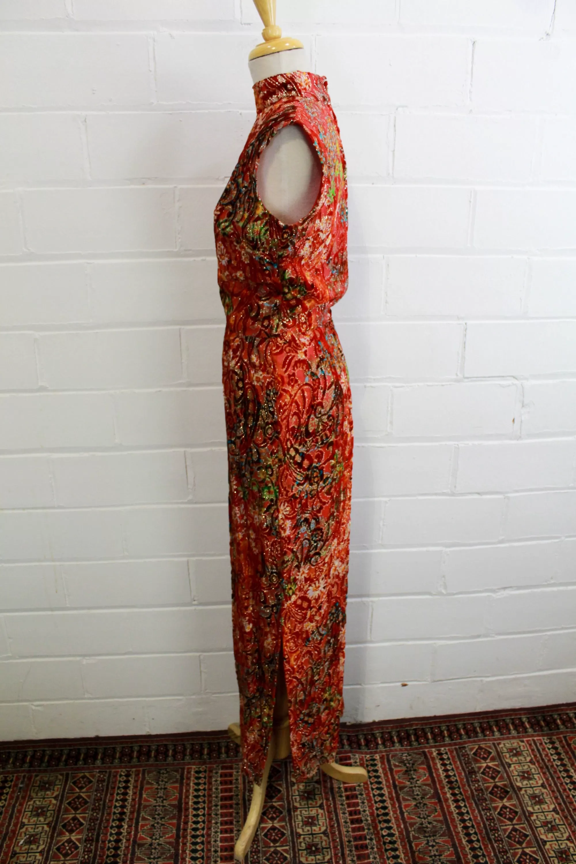 1970s Red Velvet Floral Maxi Dress, Small