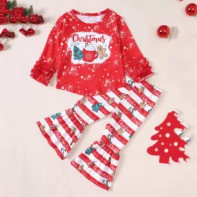 2 Pieces Set Baby Kid Girls Christmas Letters Cartoon Print Tops And Striped Pants Wholesale 23101531