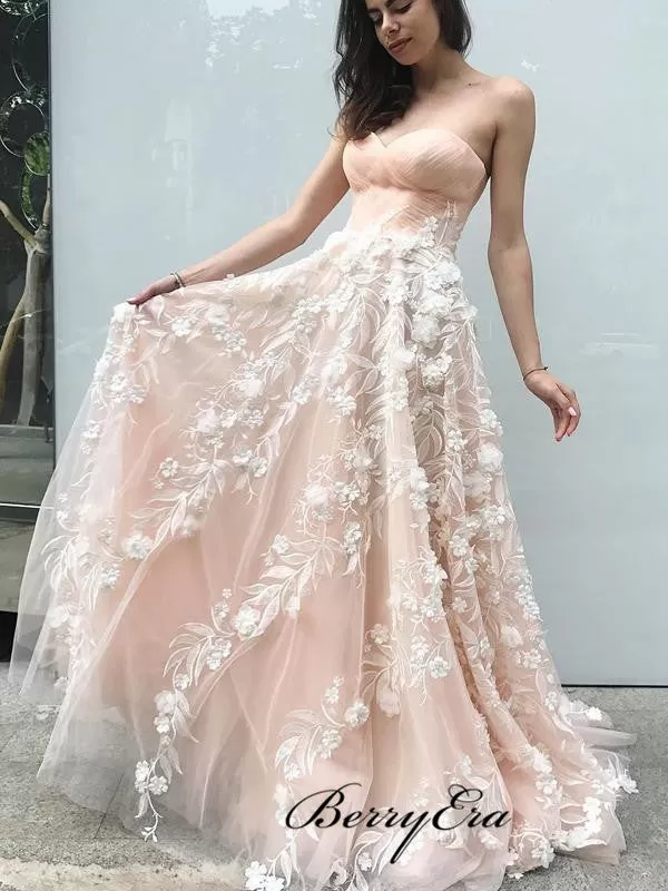 2019 Newest Strapless 3D Flower Prom Dresses, Elegant Long Prom Dresses