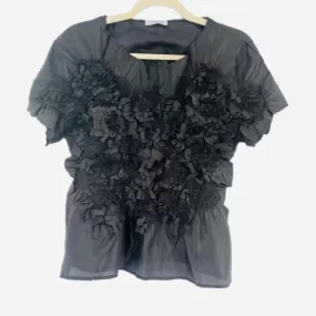 3D crinkle flower appliqué black blouse