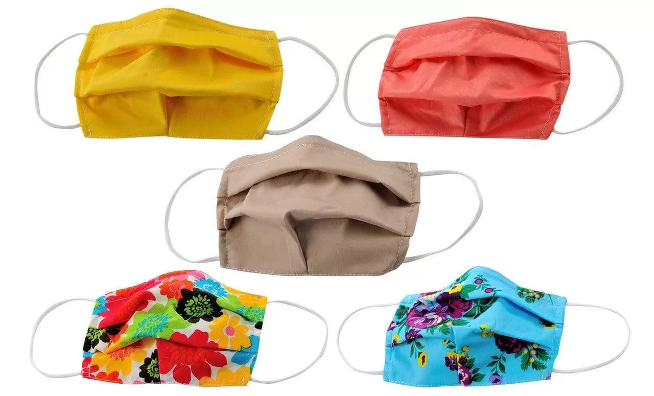 5-Pack Pleated Reusable Cotton Non-Medical Masks with Adjustable Nose Bridge