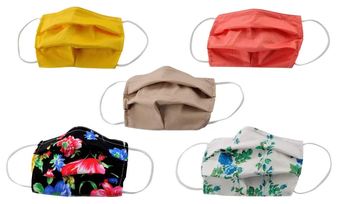 5-Pack Pleated Reusable Cotton Non-Medical Masks with Adjustable Nose Bridge