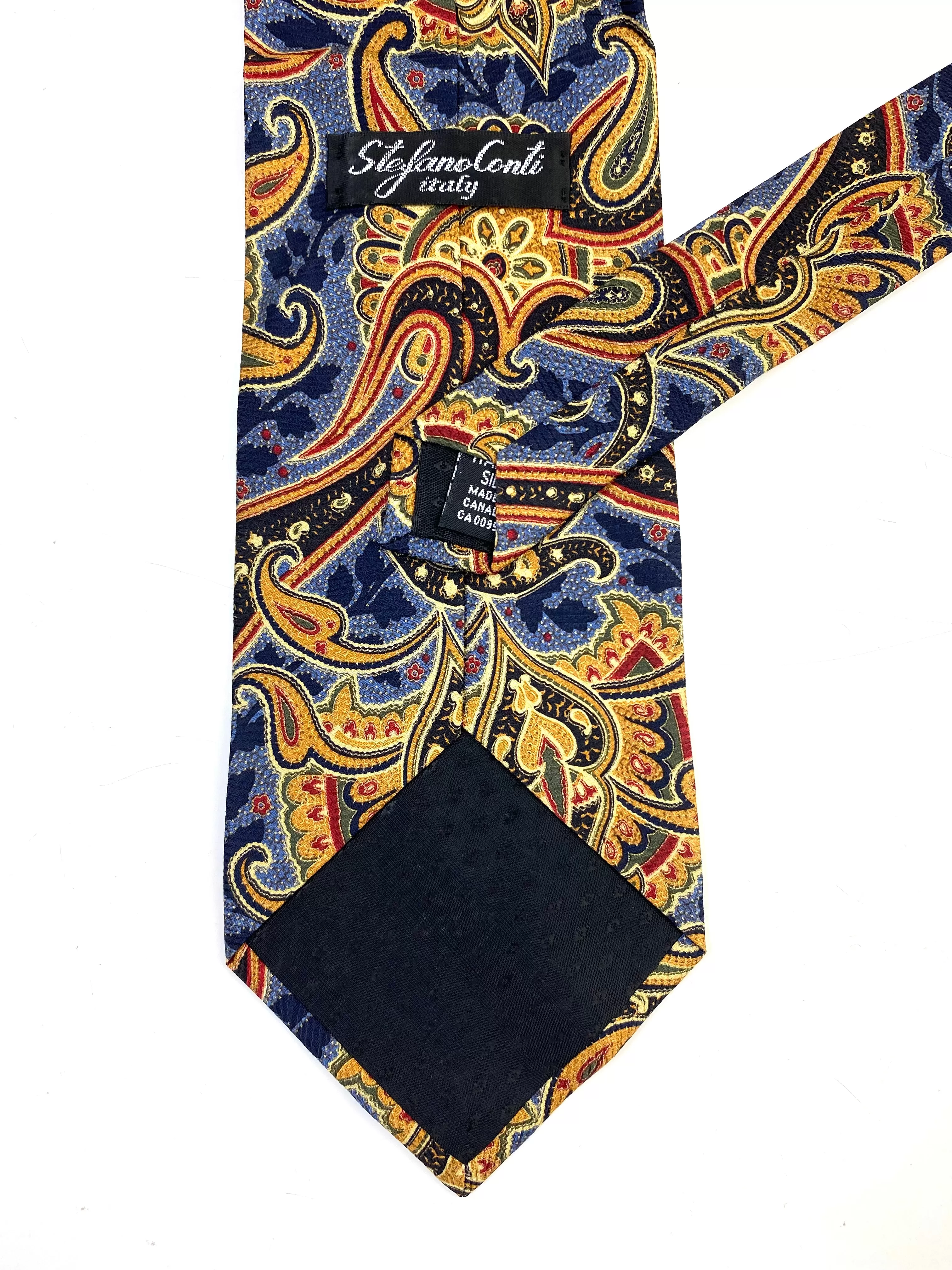 90s Deadstock Silk Necktie, Men's Vintage Blue Gold Paisley Pattern Tie, NOS