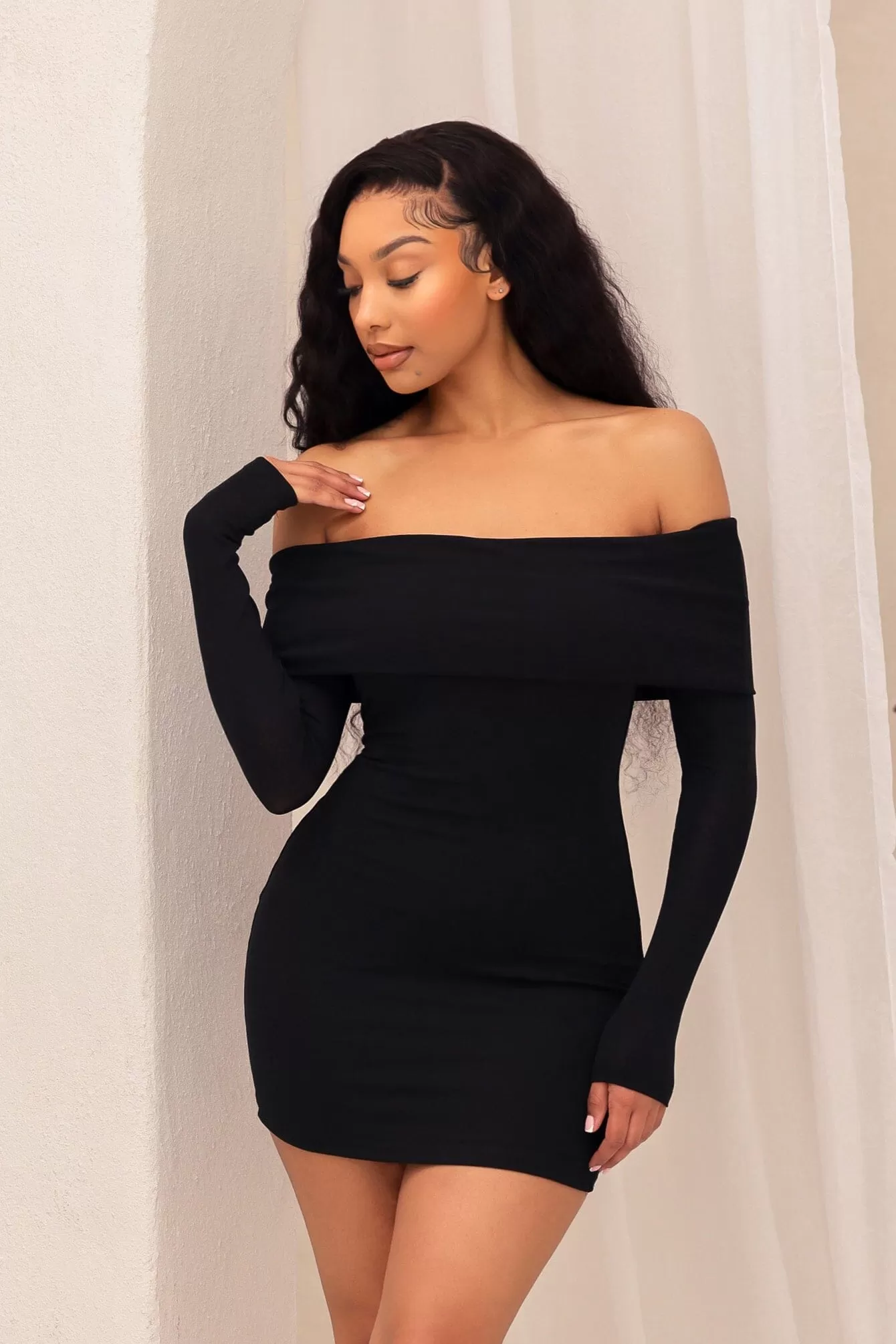 A Classic Off Shoulder Long Sleeve Mini Dress