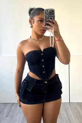 About It Denim Bustier Top & Skirt SET