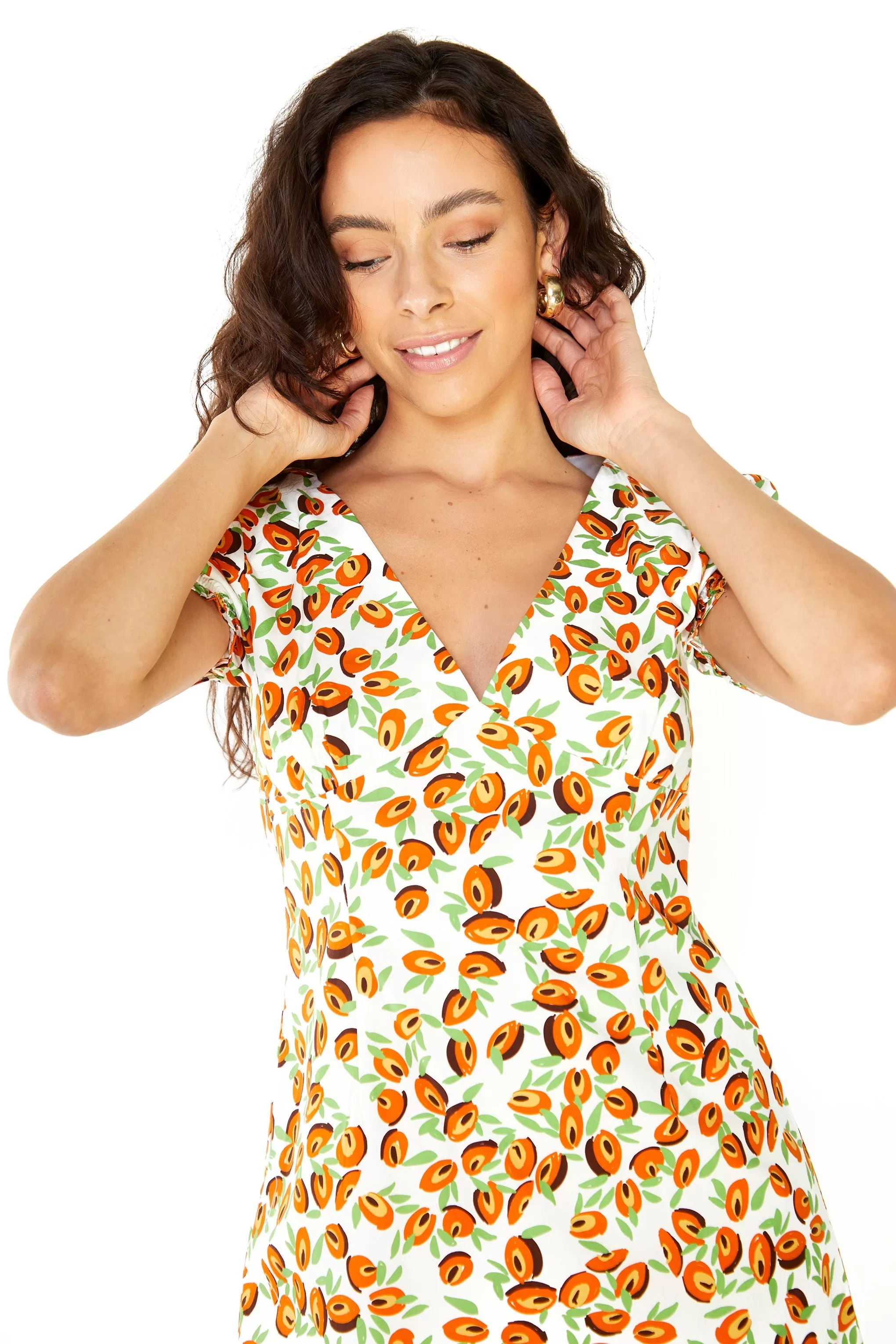 Abstract Fruit Wrap Short-Sleeve Mini-Dress