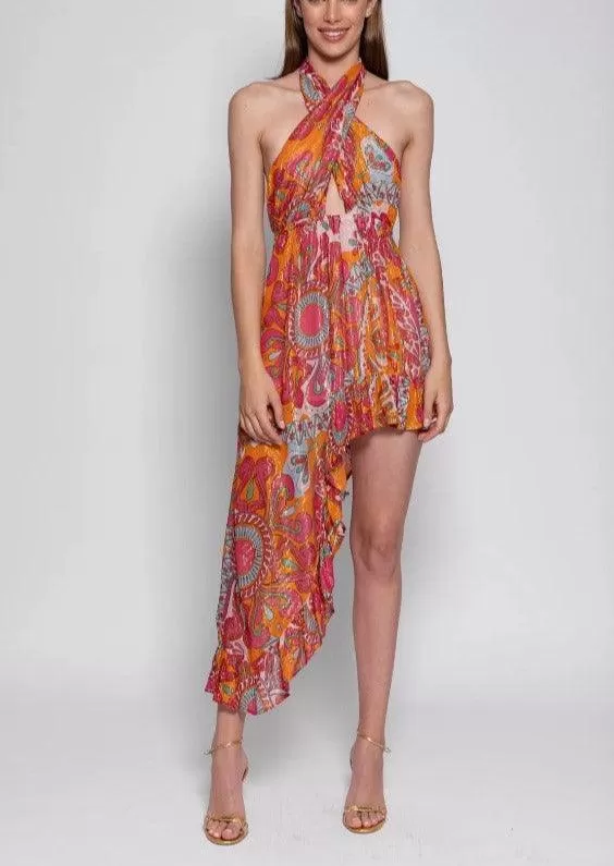 Amina Asymmetric Dress in Havana Print