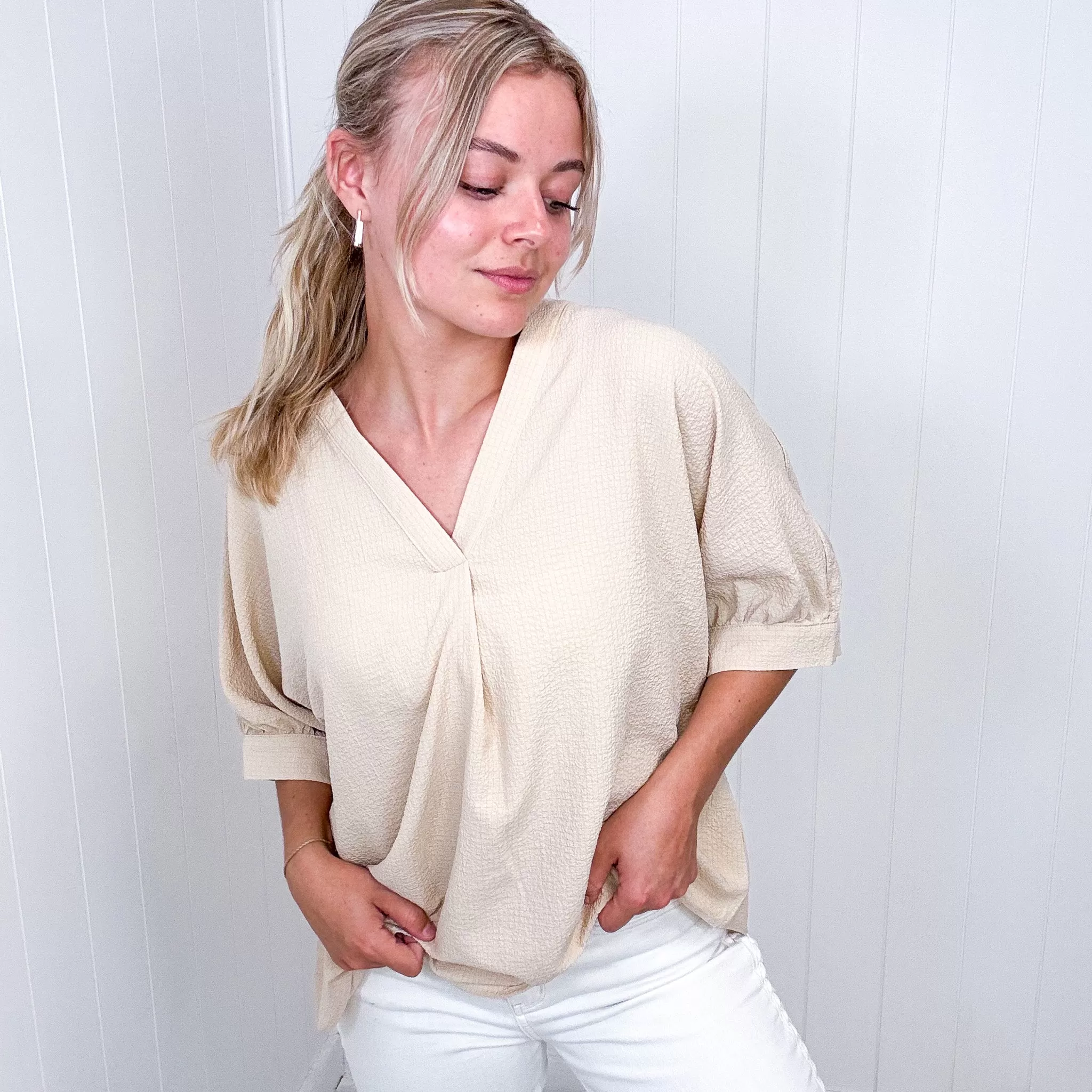 Andree By Unit Up For Anything V-Neck Blouse in Taupe