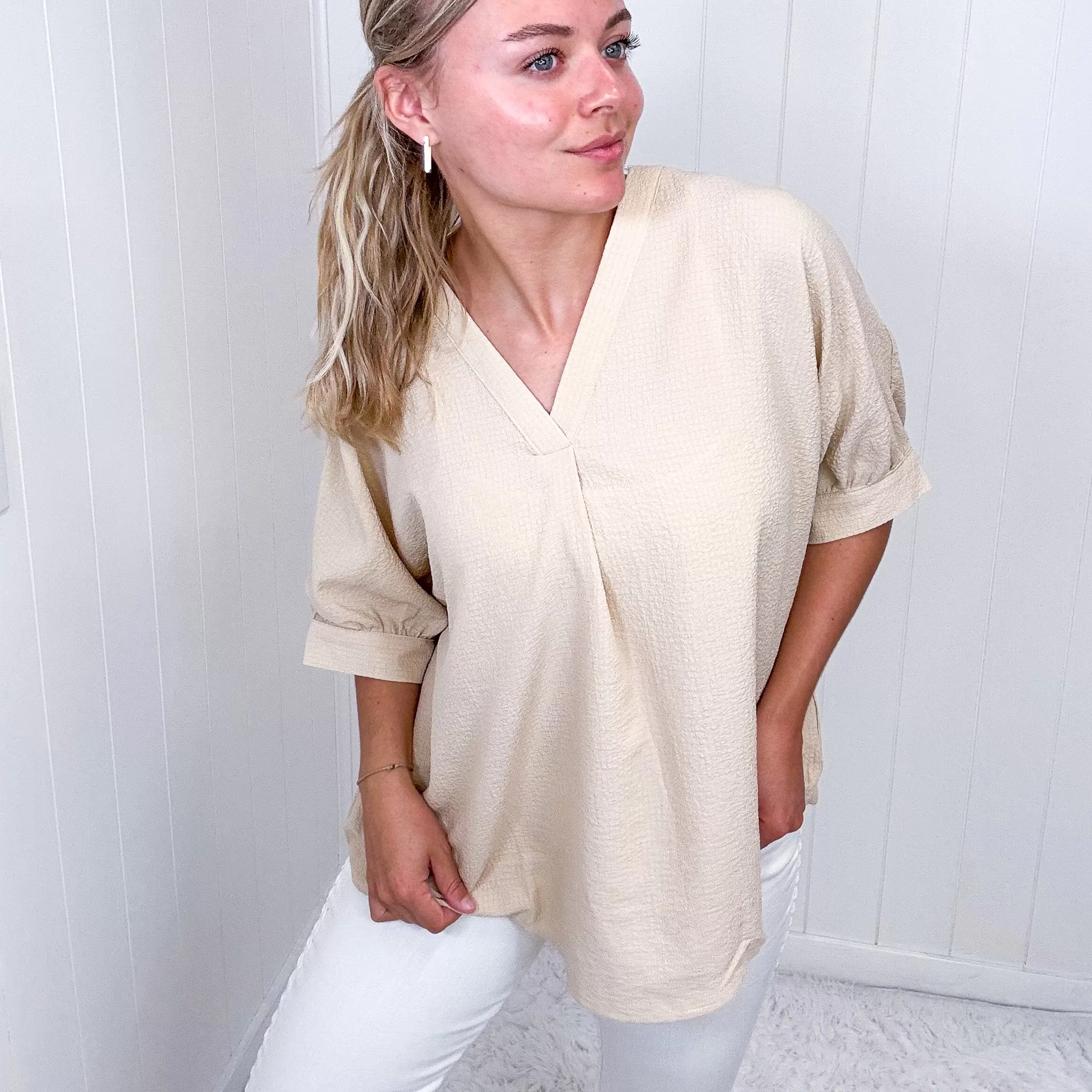 Andree By Unit Up For Anything V-Neck Blouse in Taupe