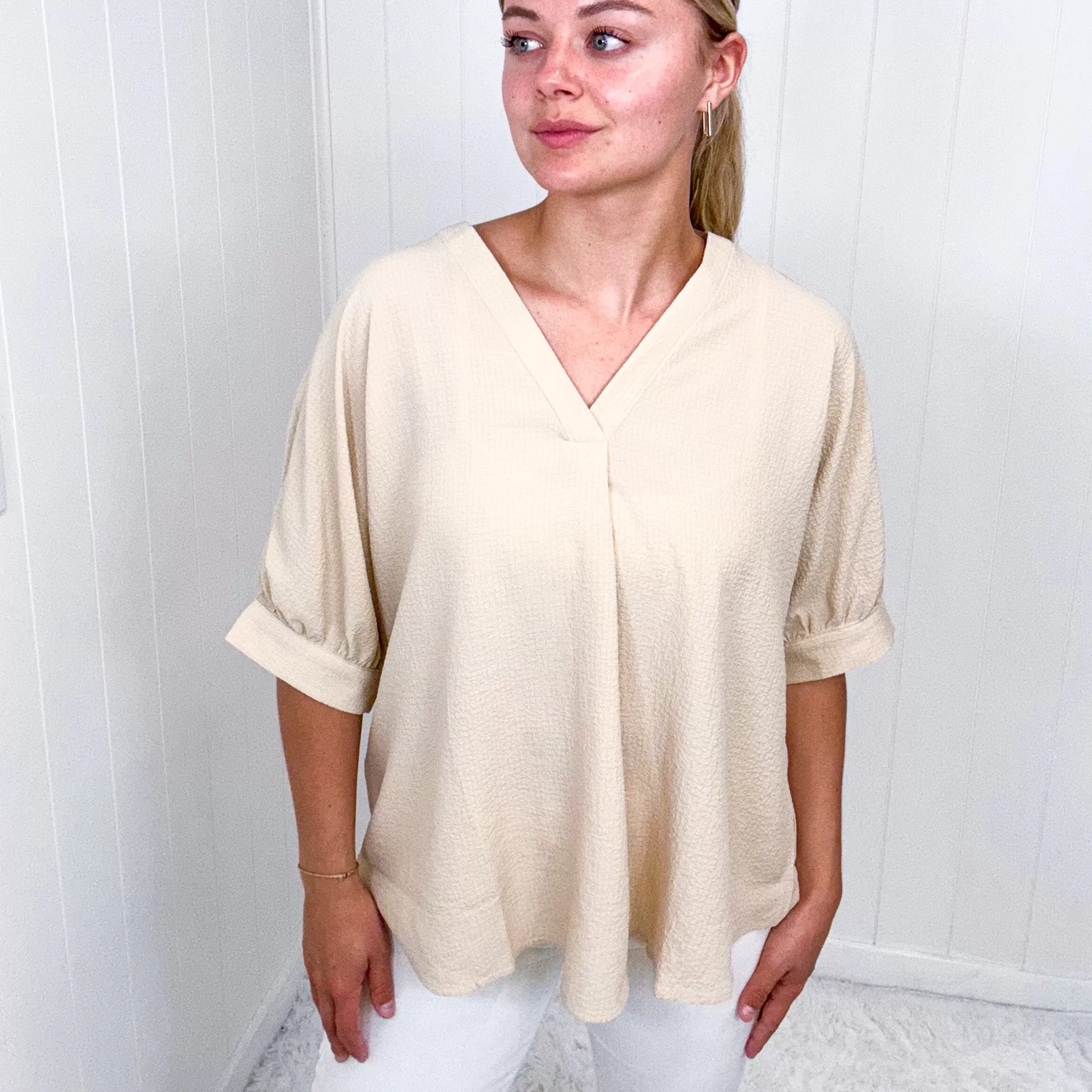 Andree By Unit Up For Anything V-Neck Blouse in Taupe