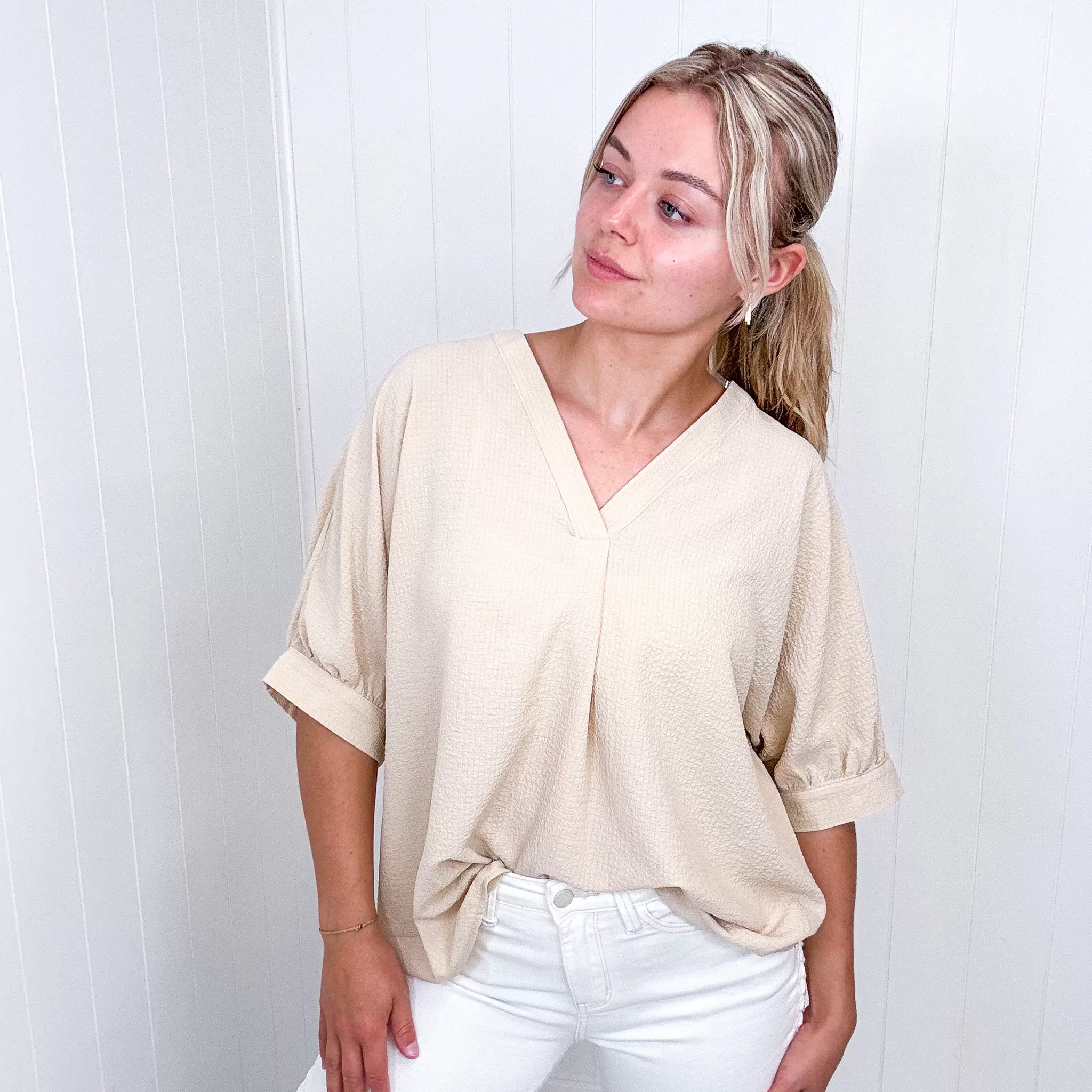 Andree By Unit Up For Anything V-Neck Blouse in Taupe