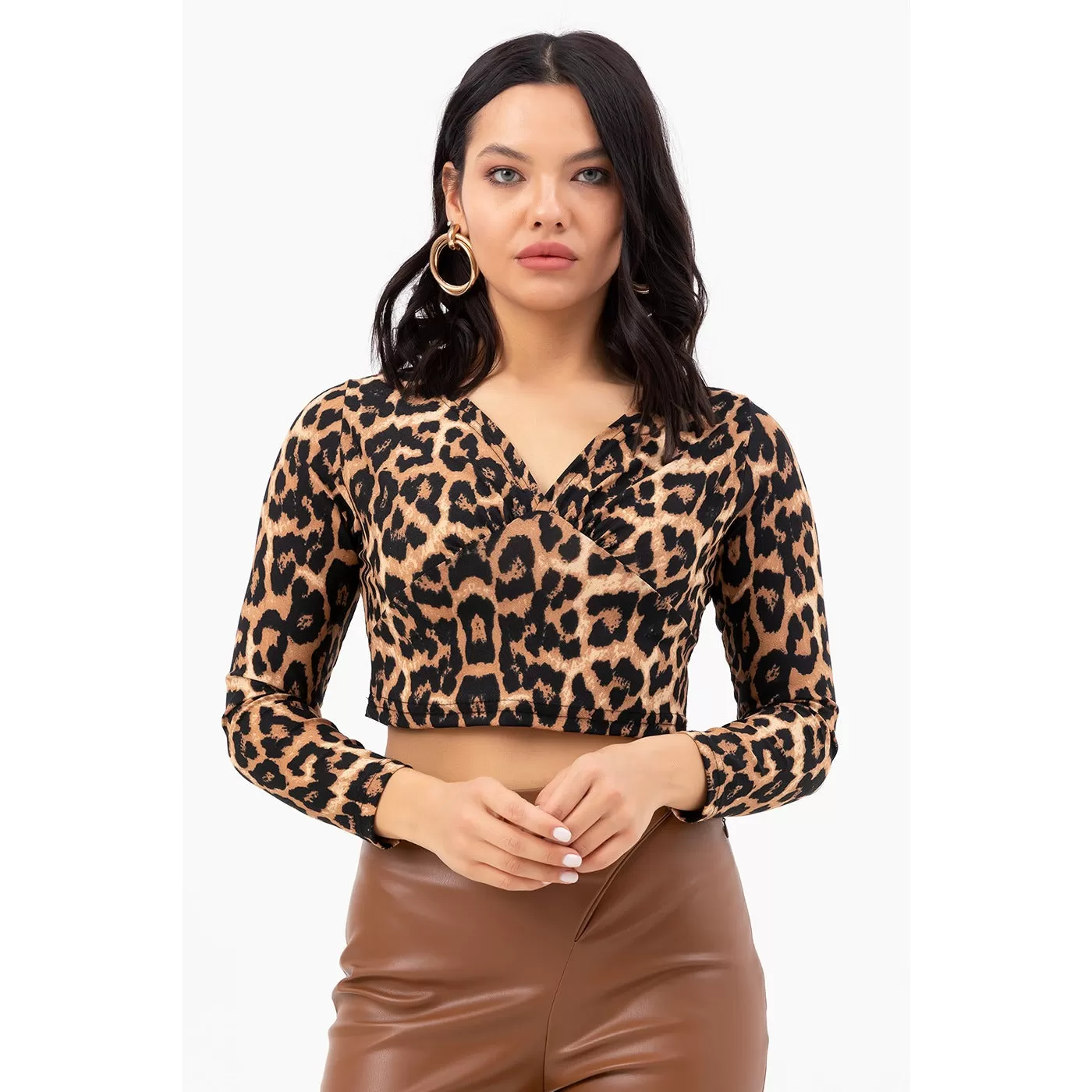 Animal Print Double Breasted Crop Blouse