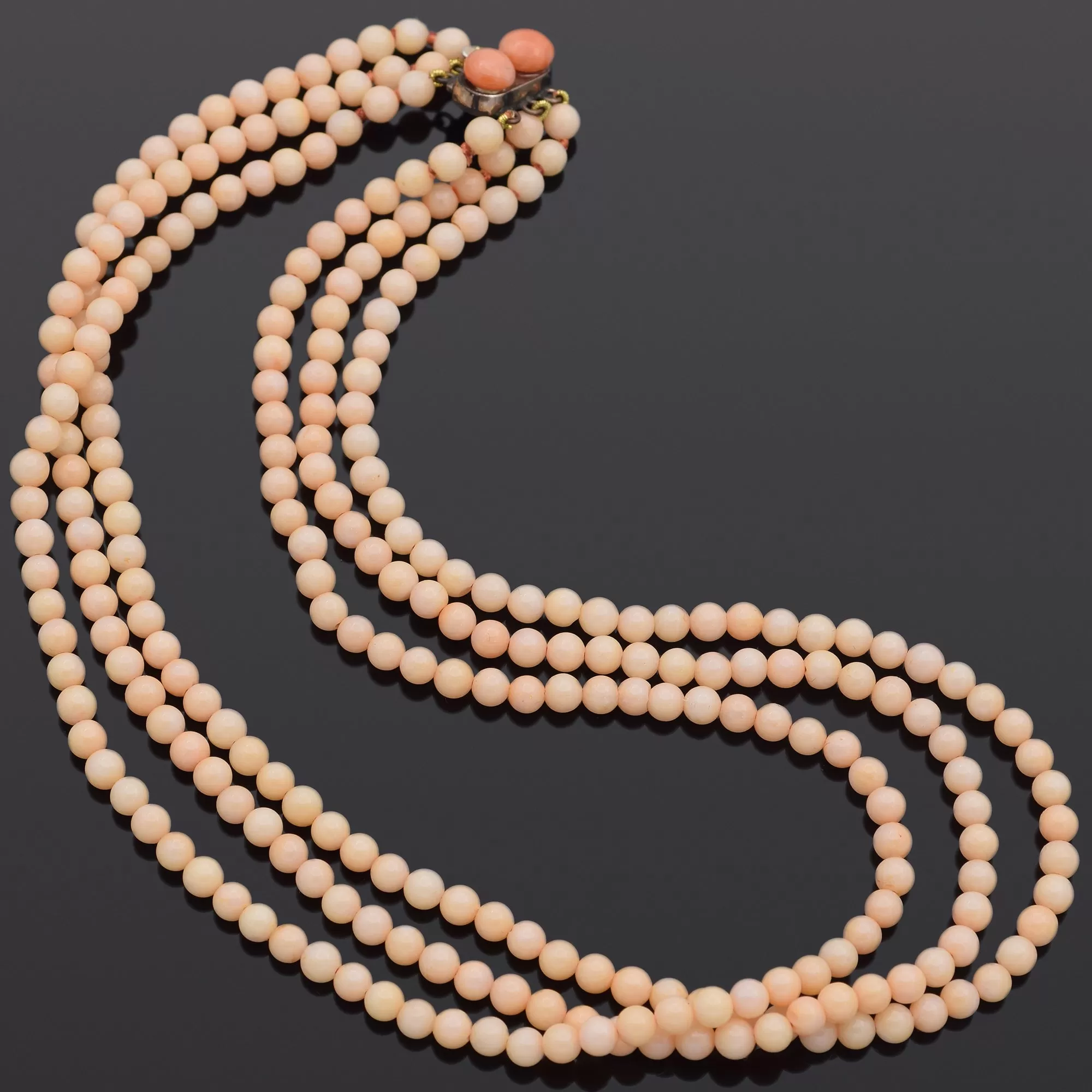 Antique Venetian Gold Filled Pink Coral Beaded Multi-Strand Necklace