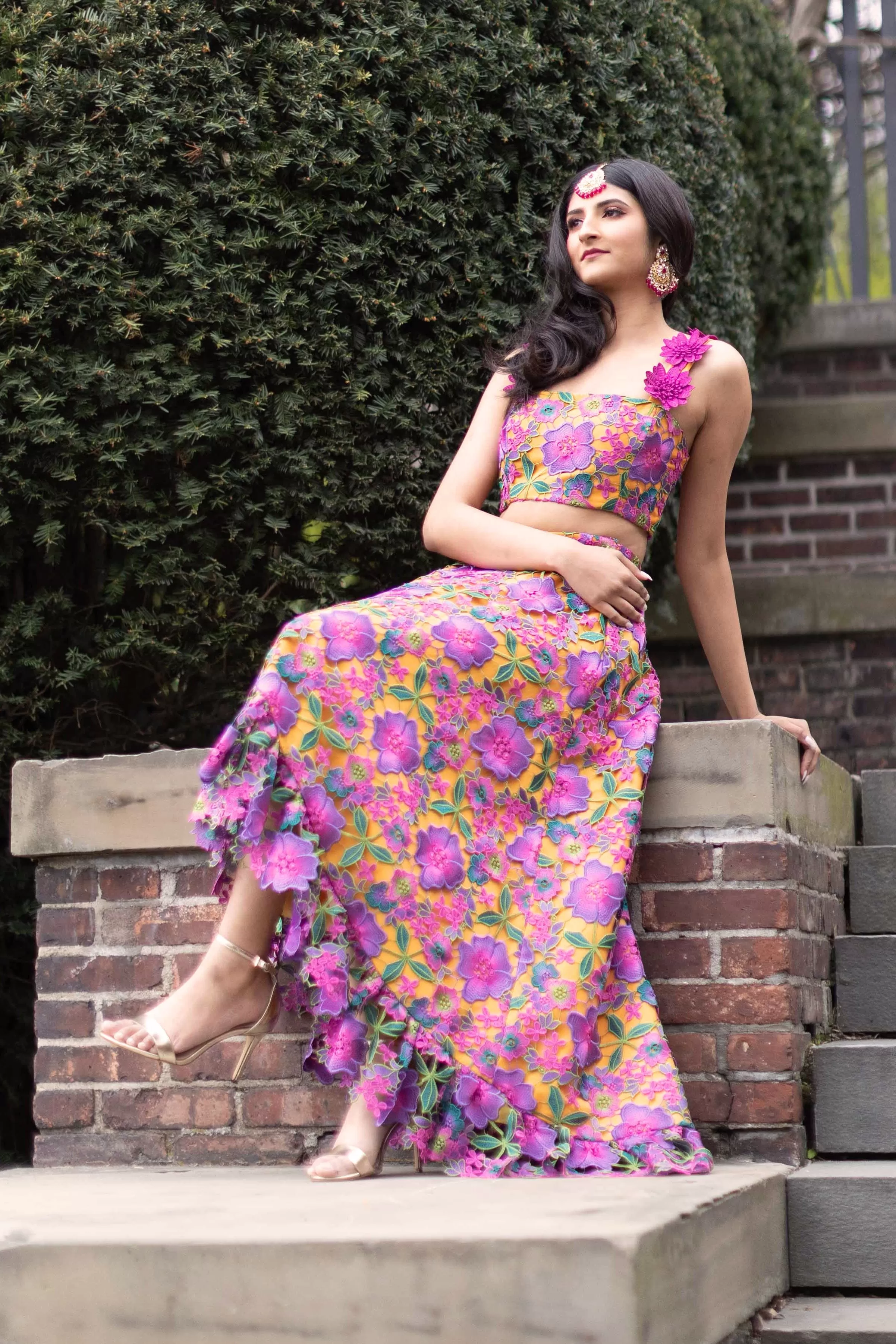 APARNA Pink & Yellow Floral Lehenga Top (Ready-to-Ship)