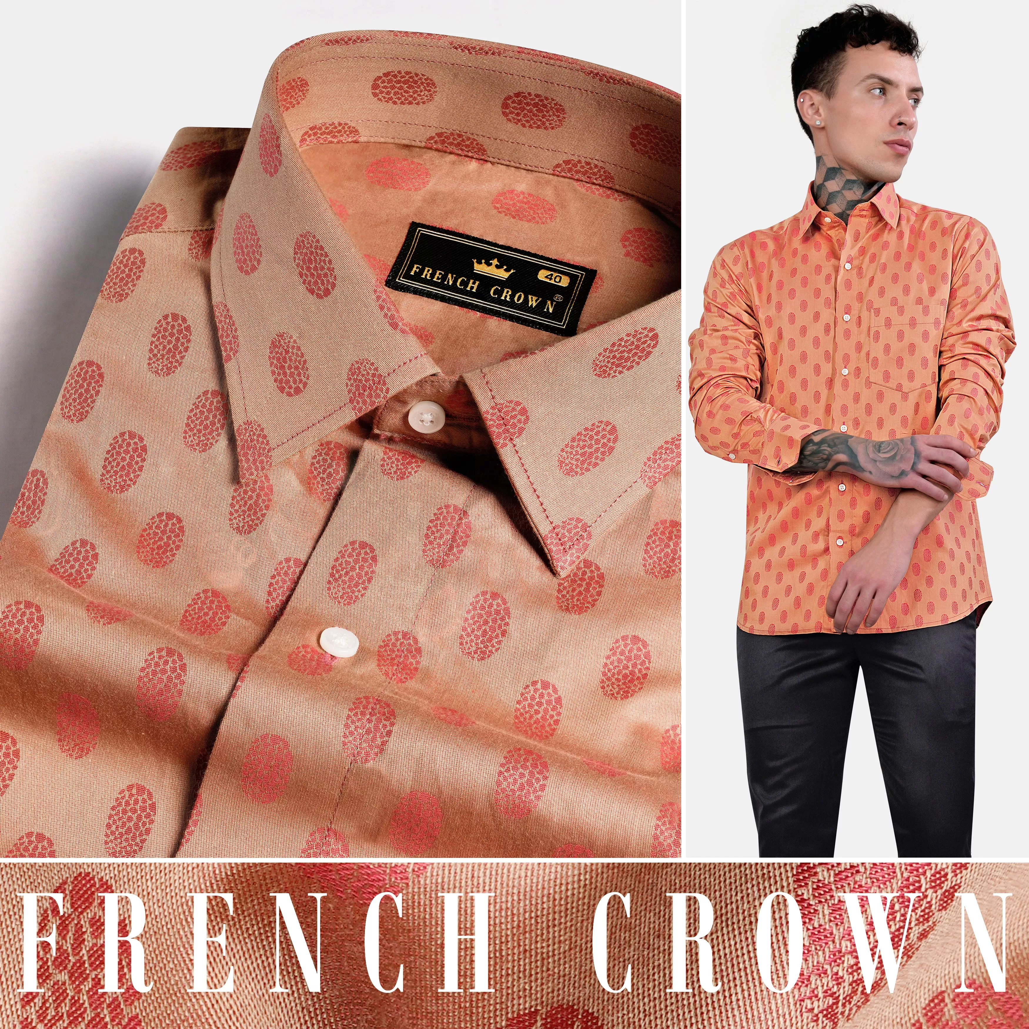 Apricot Brown and Mandy Pink Jacquard Textured Premium Giza Cotton Shirt