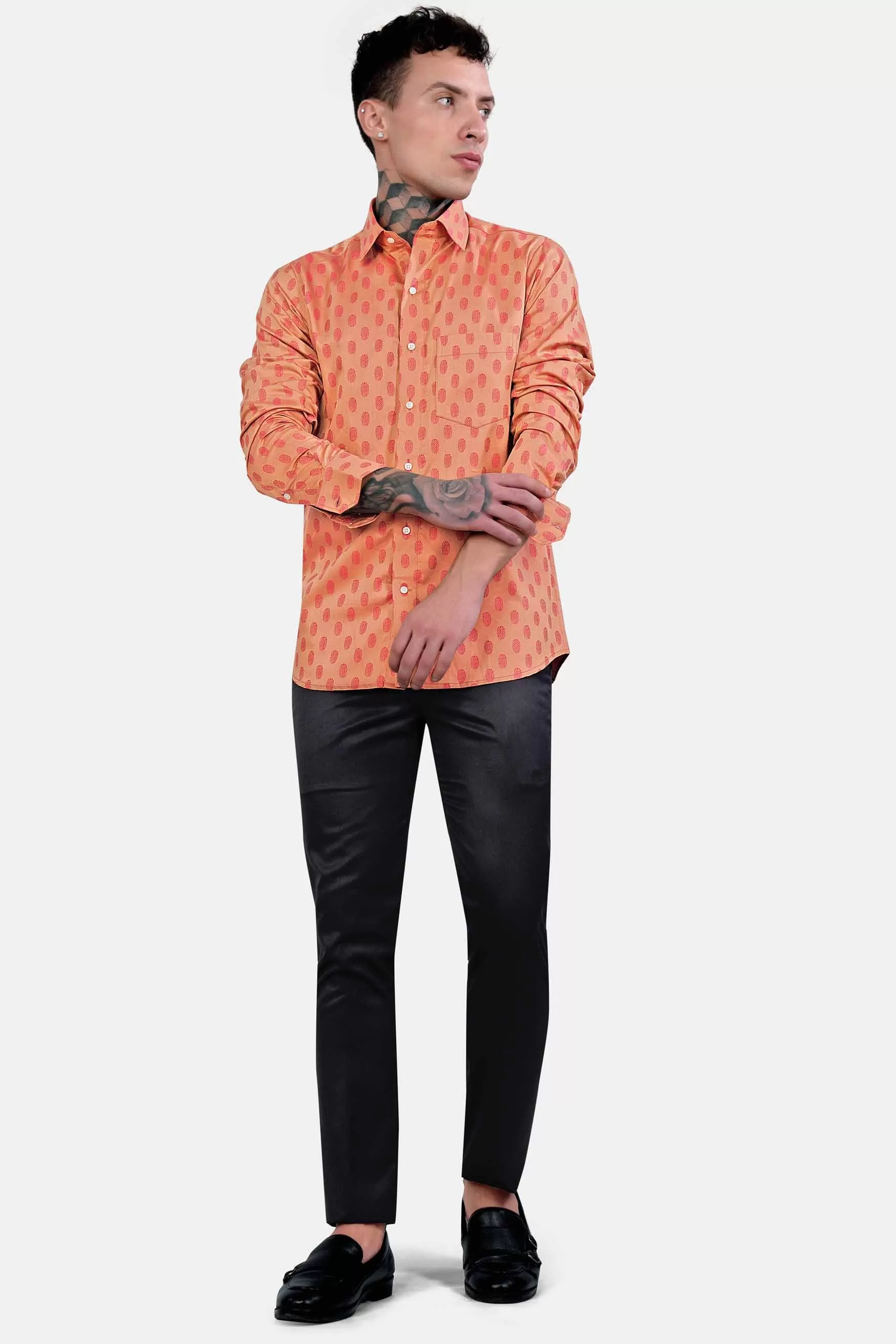 Apricot Brown and Mandy Pink Jacquard Textured Premium Giza Cotton Shirt