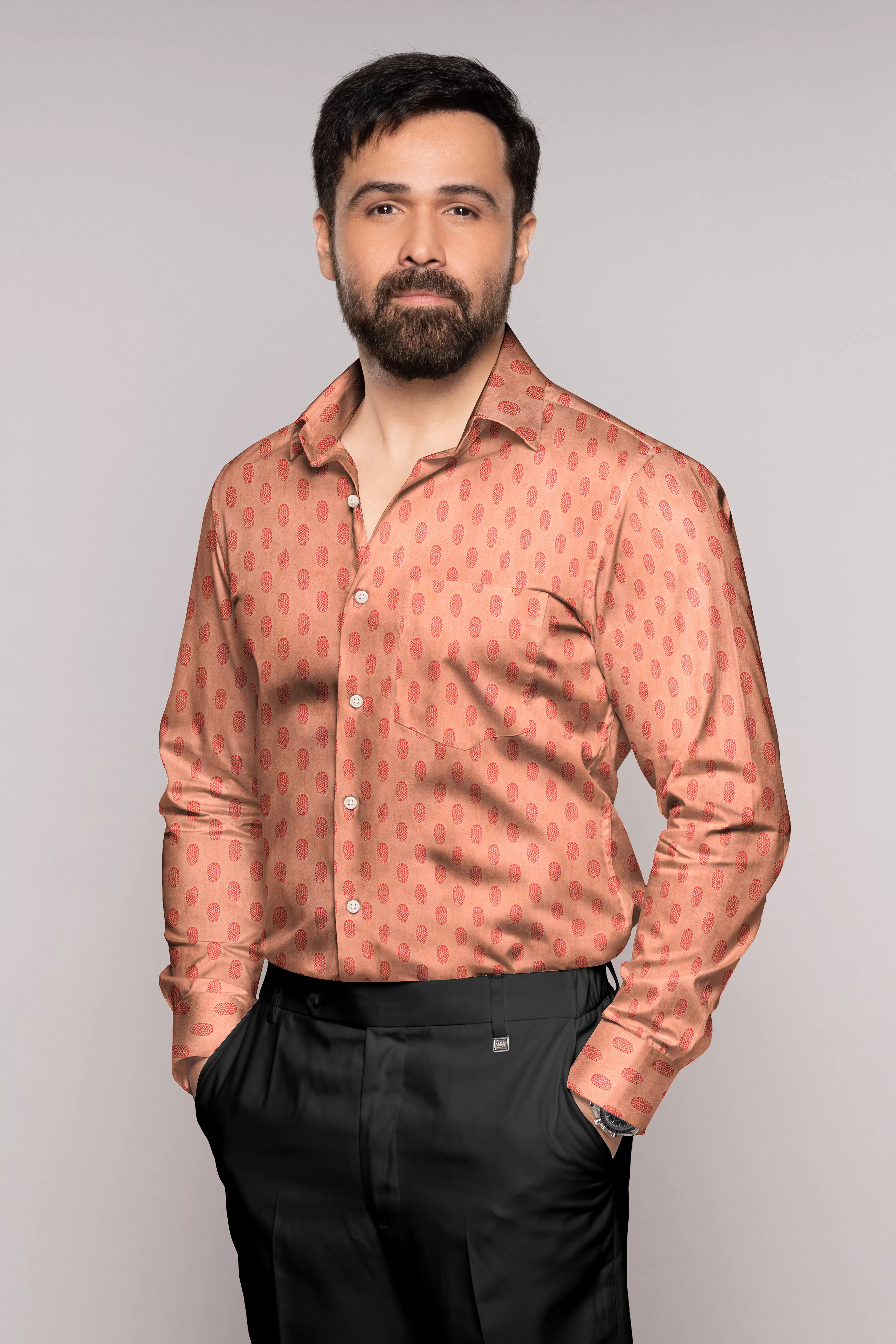 Apricot Brown and Mandy Pink Jacquard Textured Premium Giza Cotton Shirt