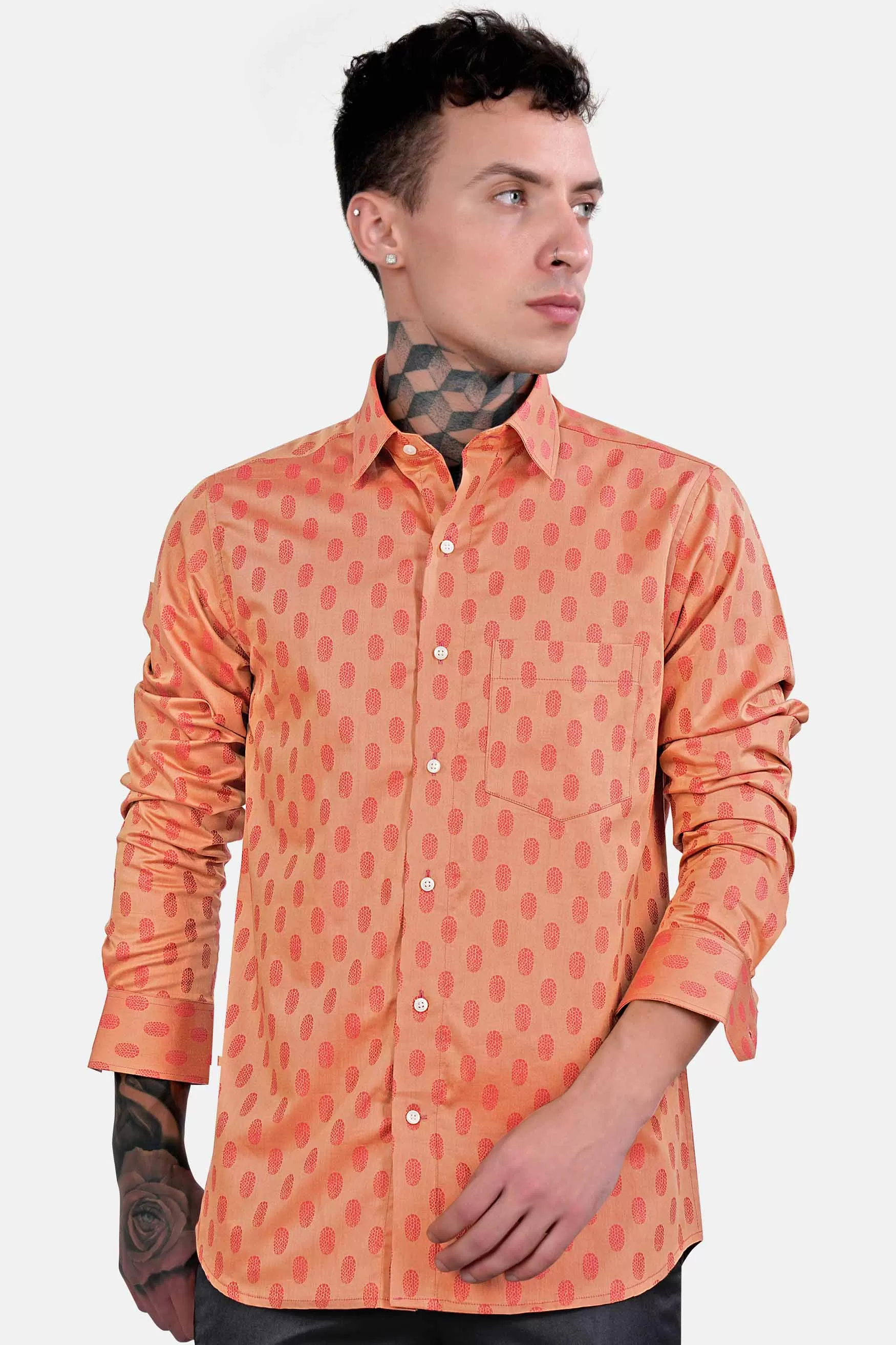 Apricot Brown and Mandy Pink Jacquard Textured Premium Giza Cotton Shirt