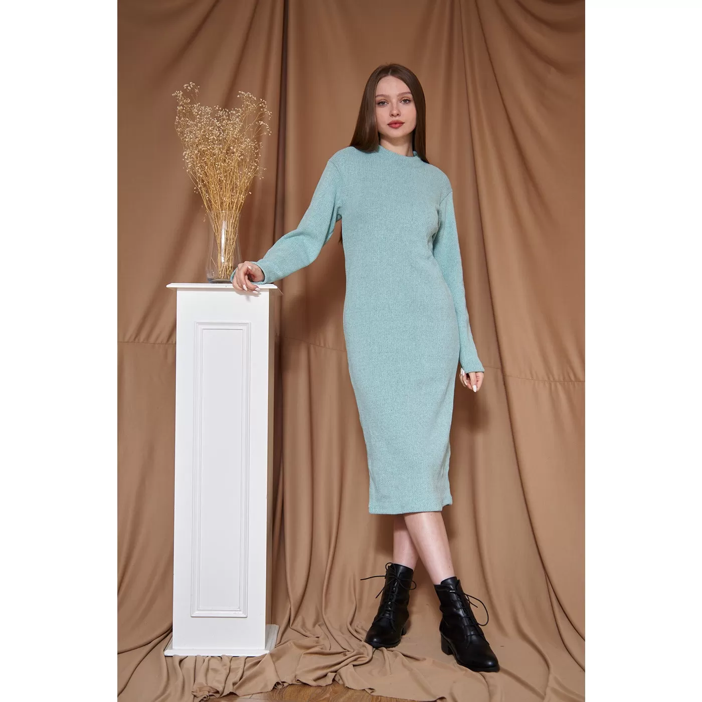 Aqua Ribbed Long Dress