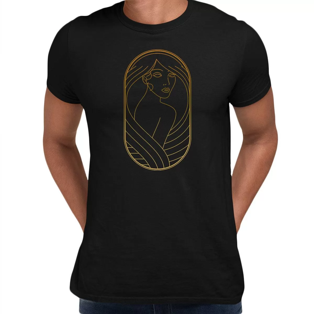 Art Deco Elegant Portraits Unisex T-shirt Golden Nostalgia Soft Line Design 9