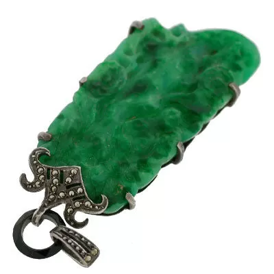 Art Deco Large Sterling Marcasite & Faux Jade Pendant