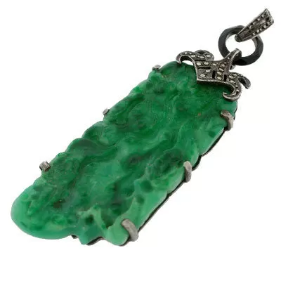 Art Deco Large Sterling Marcasite & Faux Jade Pendant