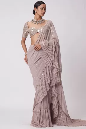 Ash Pink Georgette Frill Saree Set